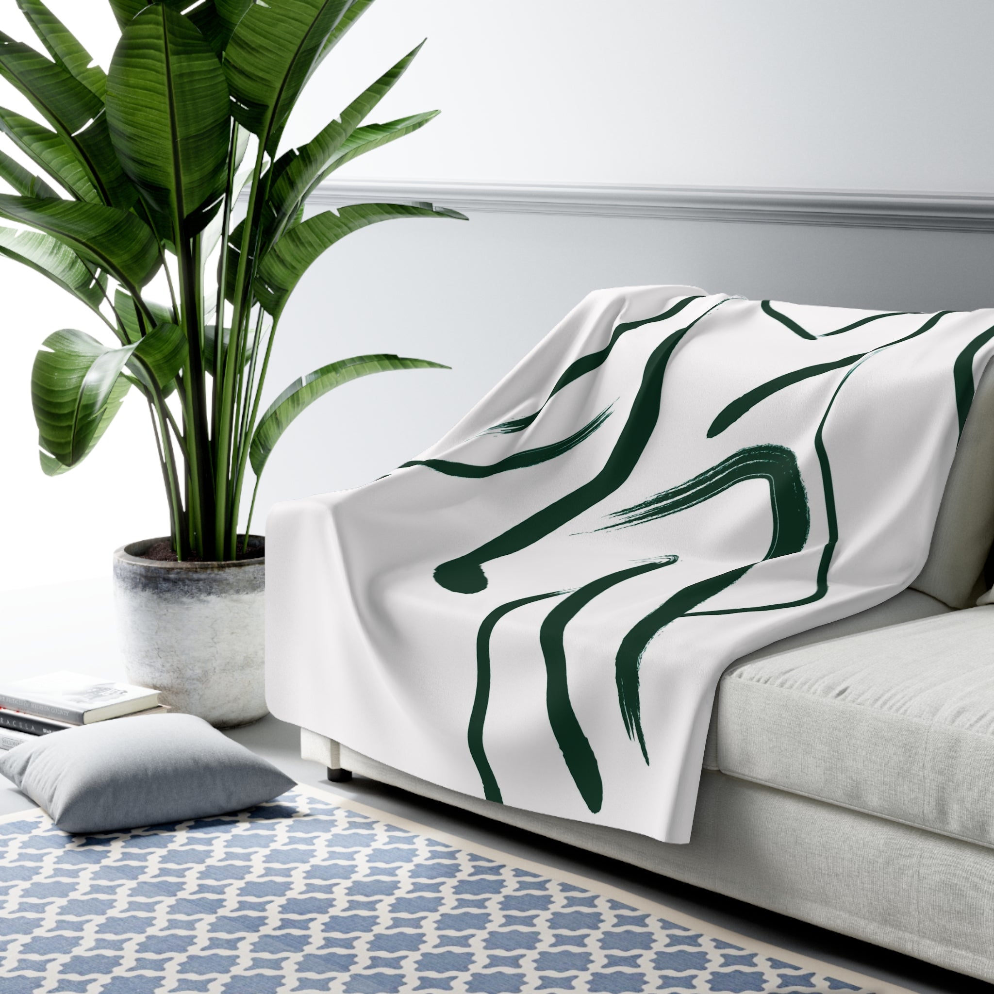 Abstract Boho Couch, Fleece Throw Blanket | White Green Female Silhouette