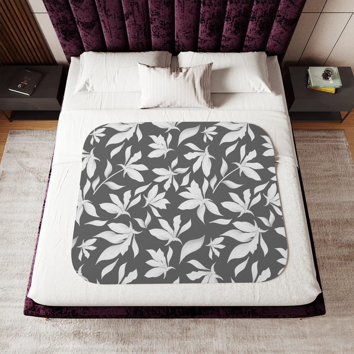 Charcoal Gray White Lily Sherpa Blanket | Modern Floral Throw