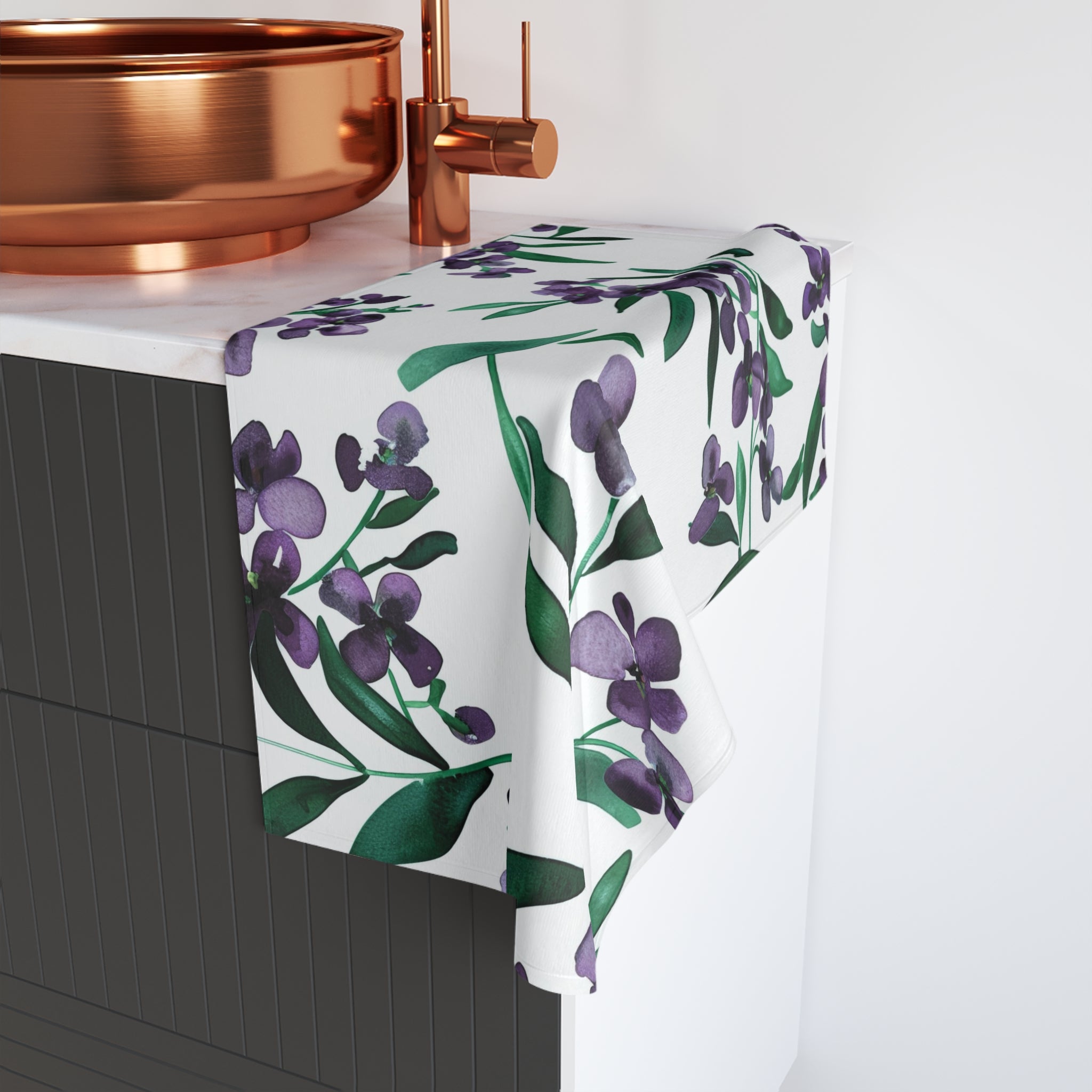 Floral Kitchen, Bath Hand Towel | Botanical White Purple, Green Watercolor