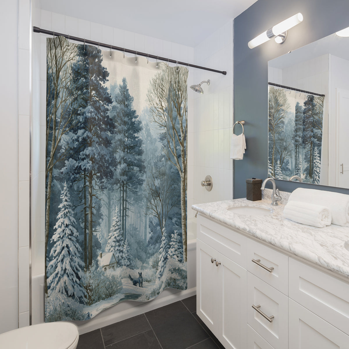 Frosted Blue Snowy Forest Shower Curtain, Bath Curtain 71x74