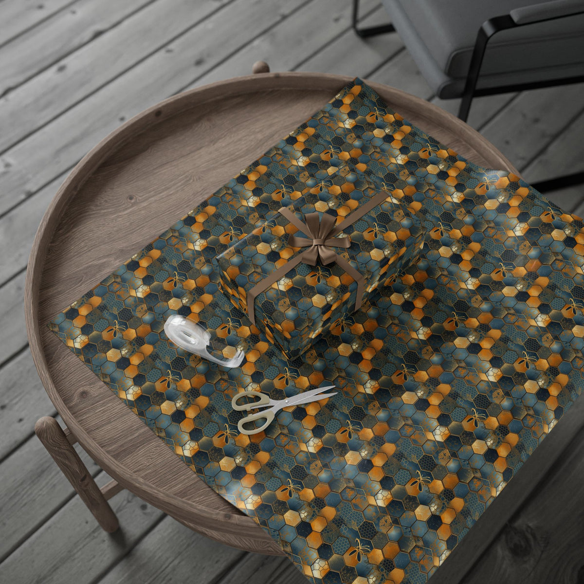 Navy Mustard Honeycomb Bee Wrapping Paper, Gift Wrap