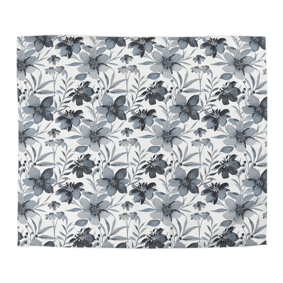 a repeating pattern of black and white flowers and leaves on a white background.