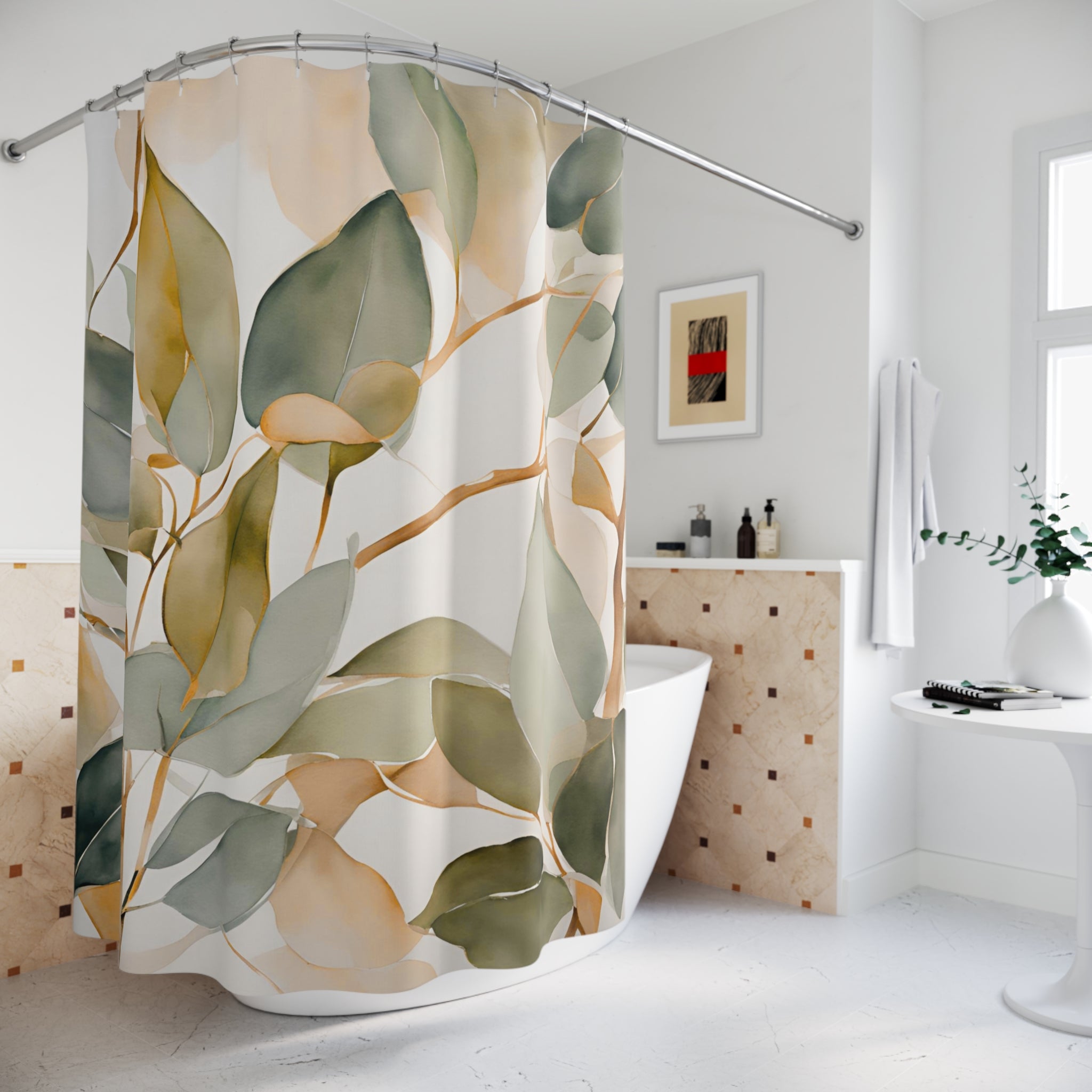 Floral Shower Curtain | Sage Green Beige Leaves