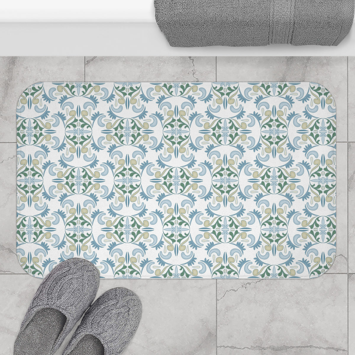 Blue Sage Mediterranean Tile Bath Mat, Boho Bathroom Rug