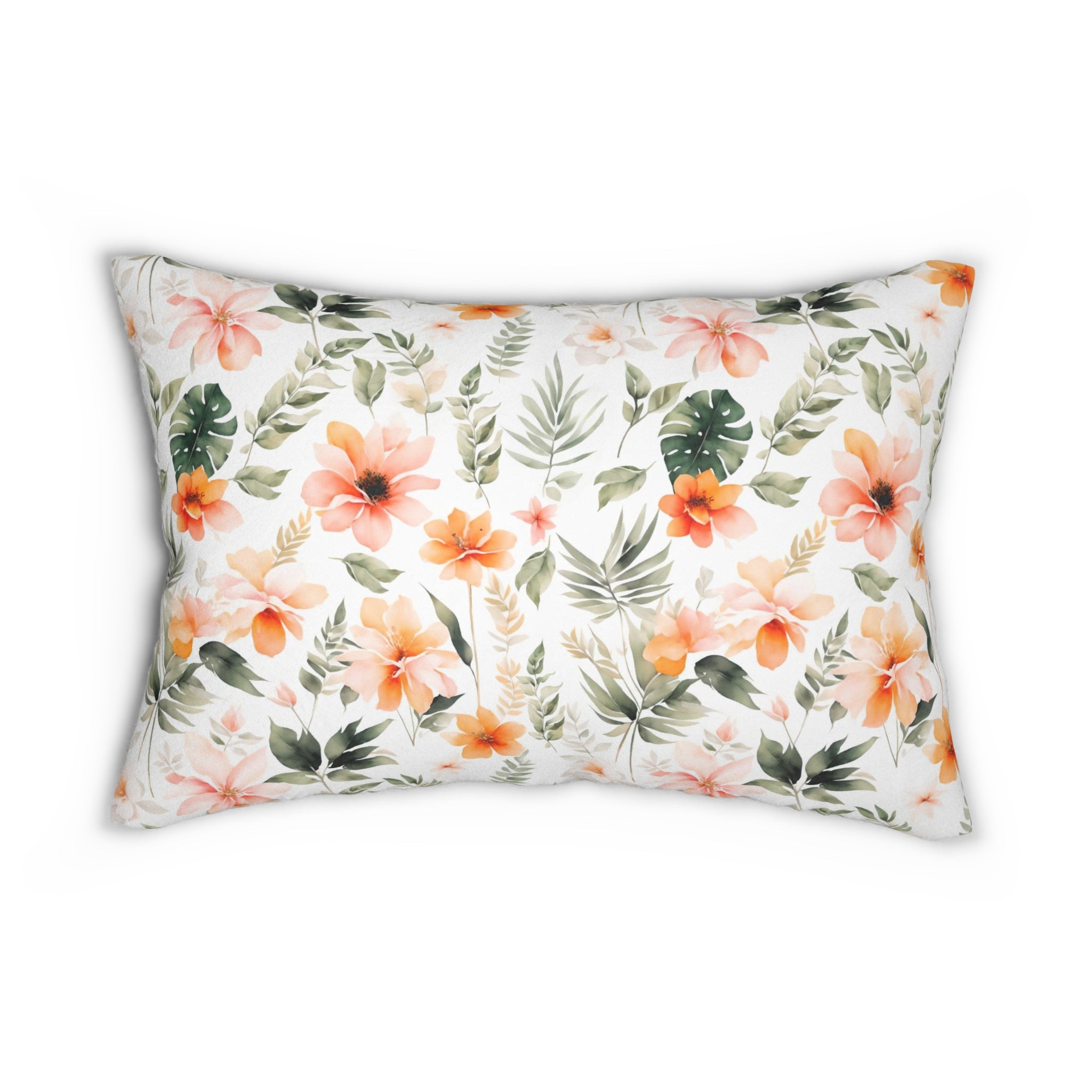 Boho Lumbar Pillow | White Orange, Sage Green Floral Jungle