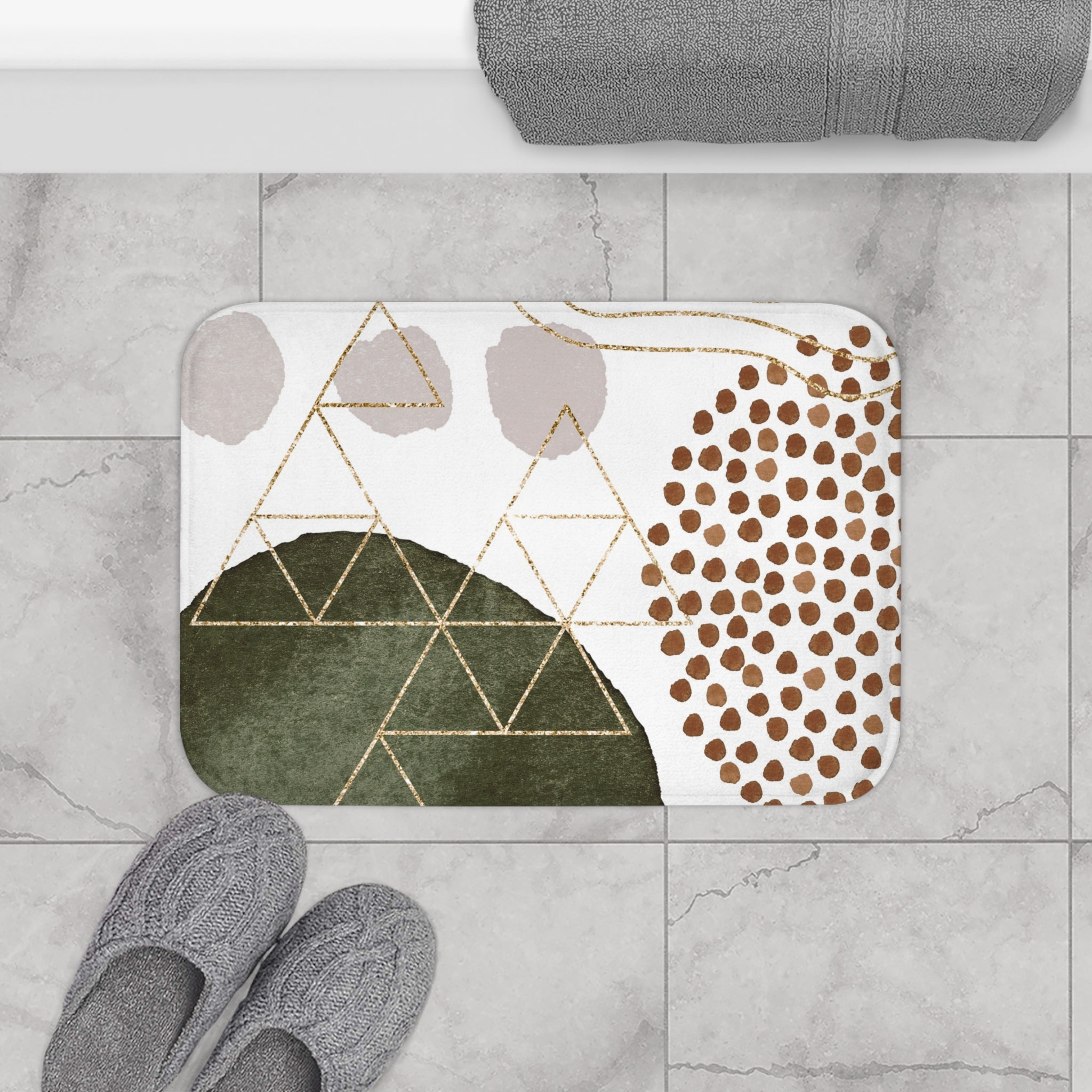 Boho Geometric Bath Mat | Beige Sage Green, White Kitchen Mat