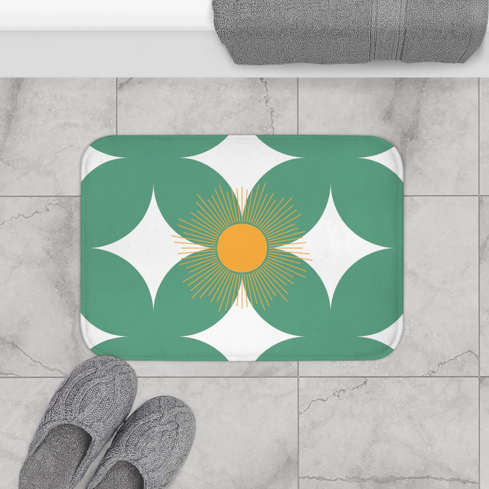 Mid Century Bath Mat, Kitchen Mat | Geometric Sage Green White, Orange Sun