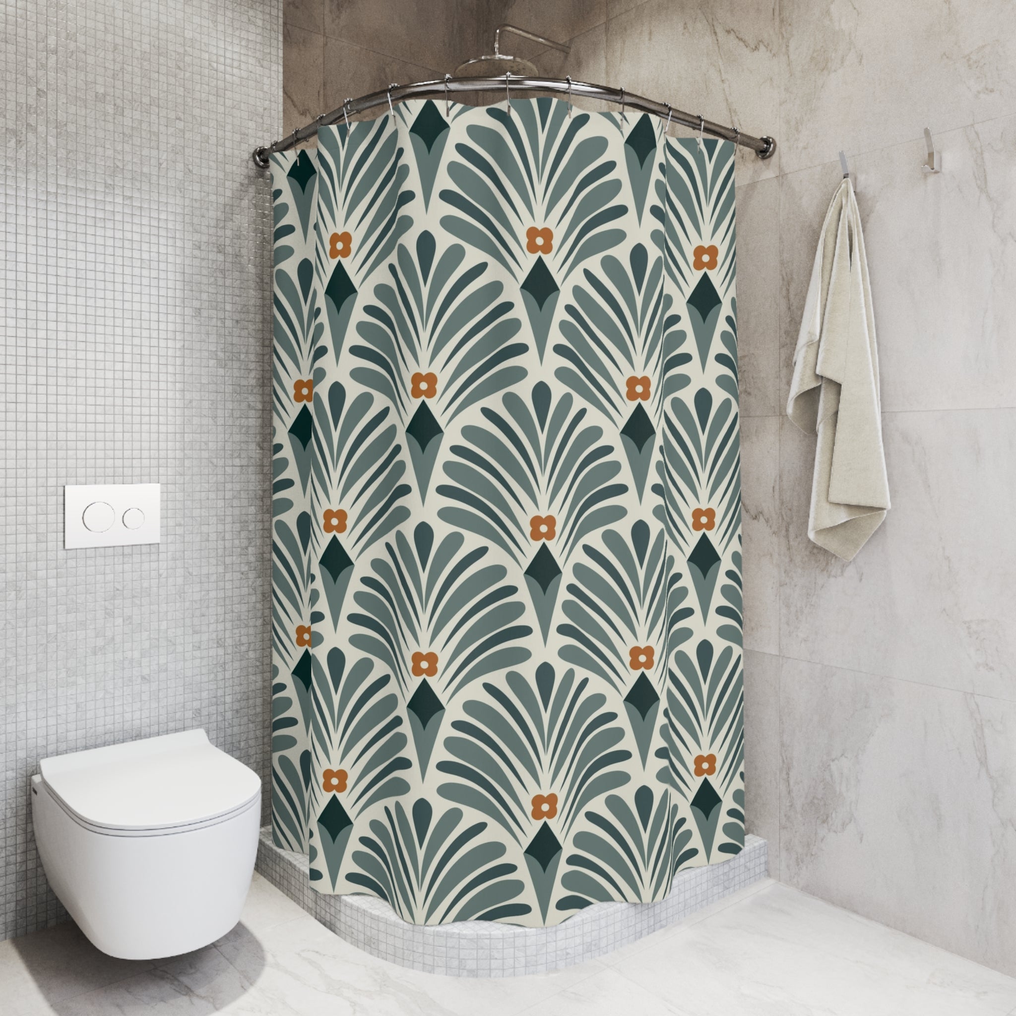 Boho Shower Curtain | Retro Green Art Deco, Nouveau
