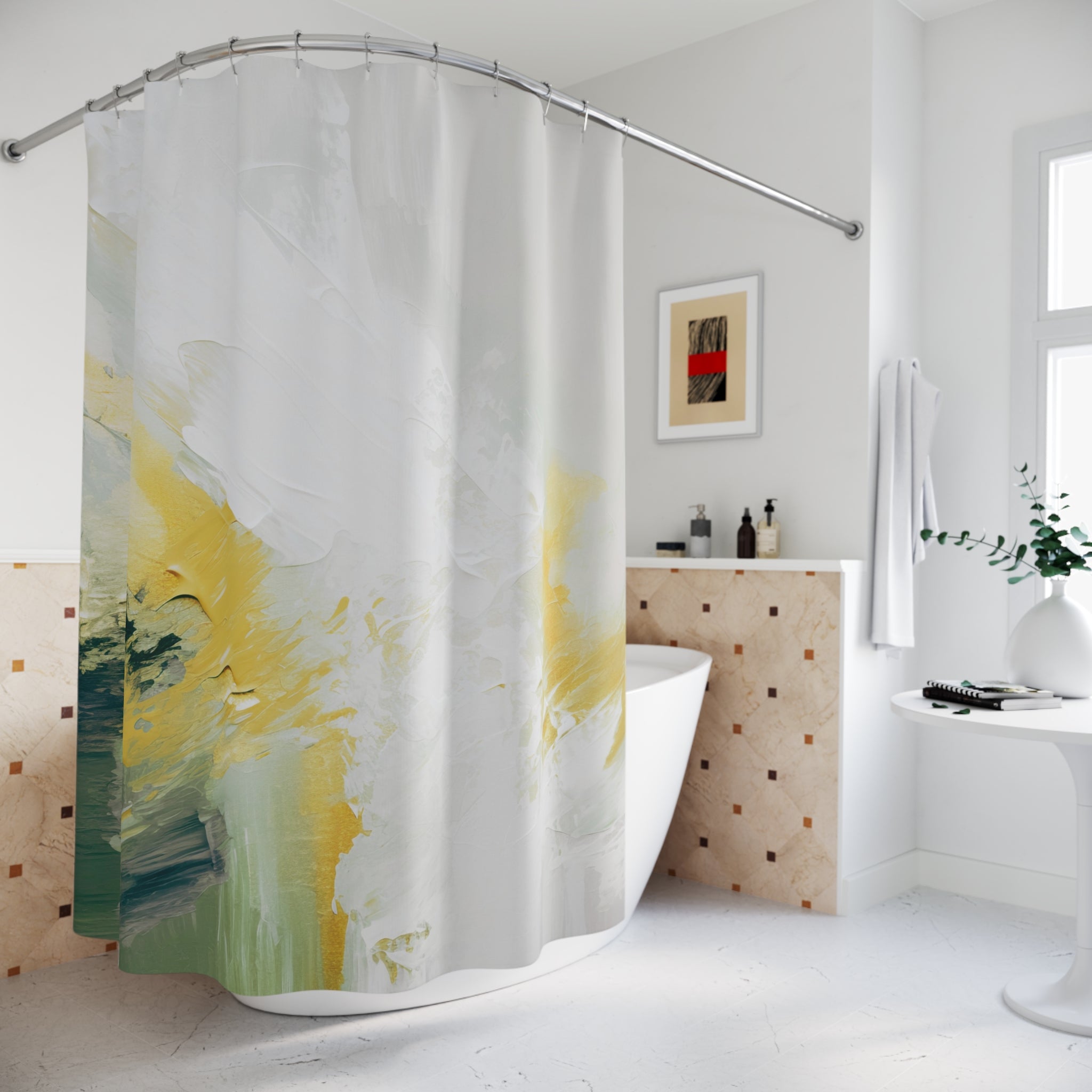 Boho Shower Curtain | Green White Yellow Minimalist Fabric Curtain