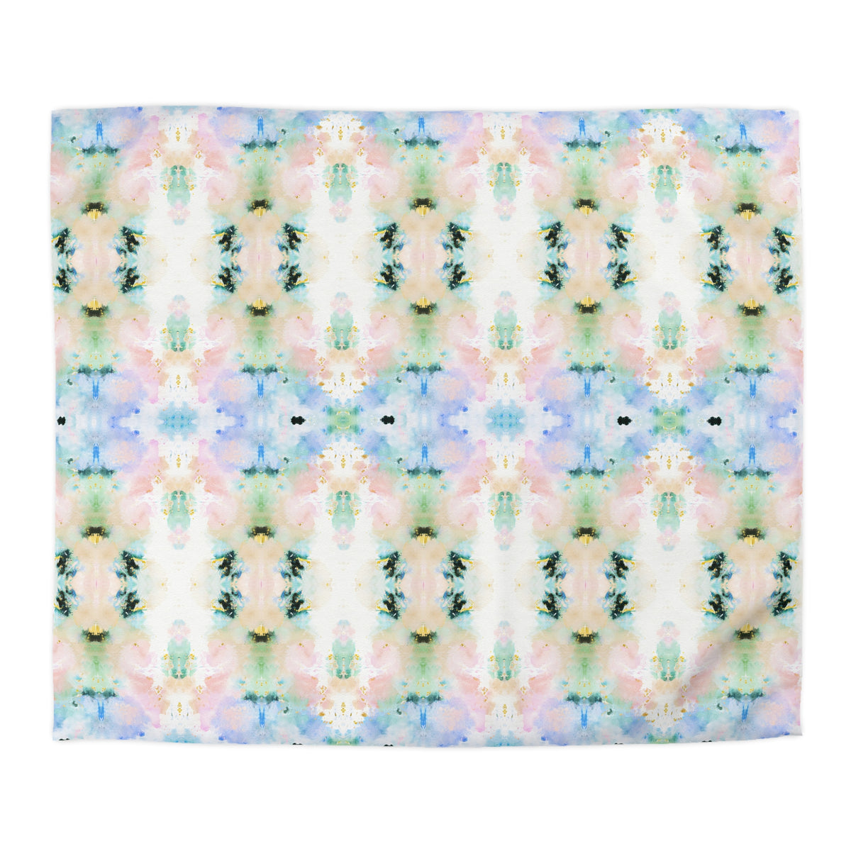 a repeating pattern of abstract, colorful shapes and designs in various shades of pink, blue, green, and yellow.