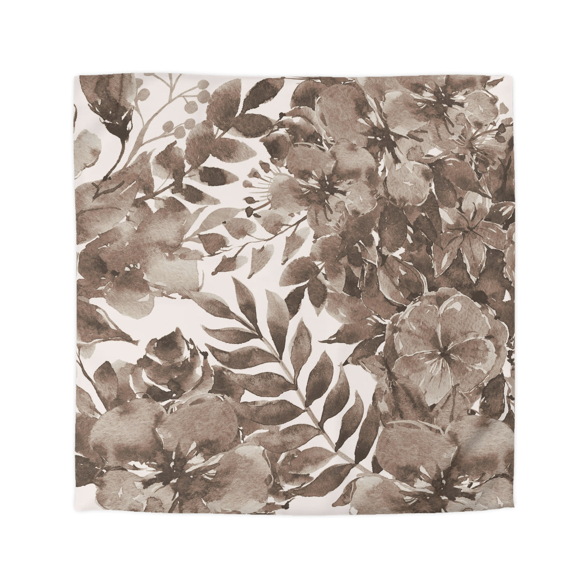 a square-shaped floral pattern with a mix of flowers and leaves in shades of brown and gray.