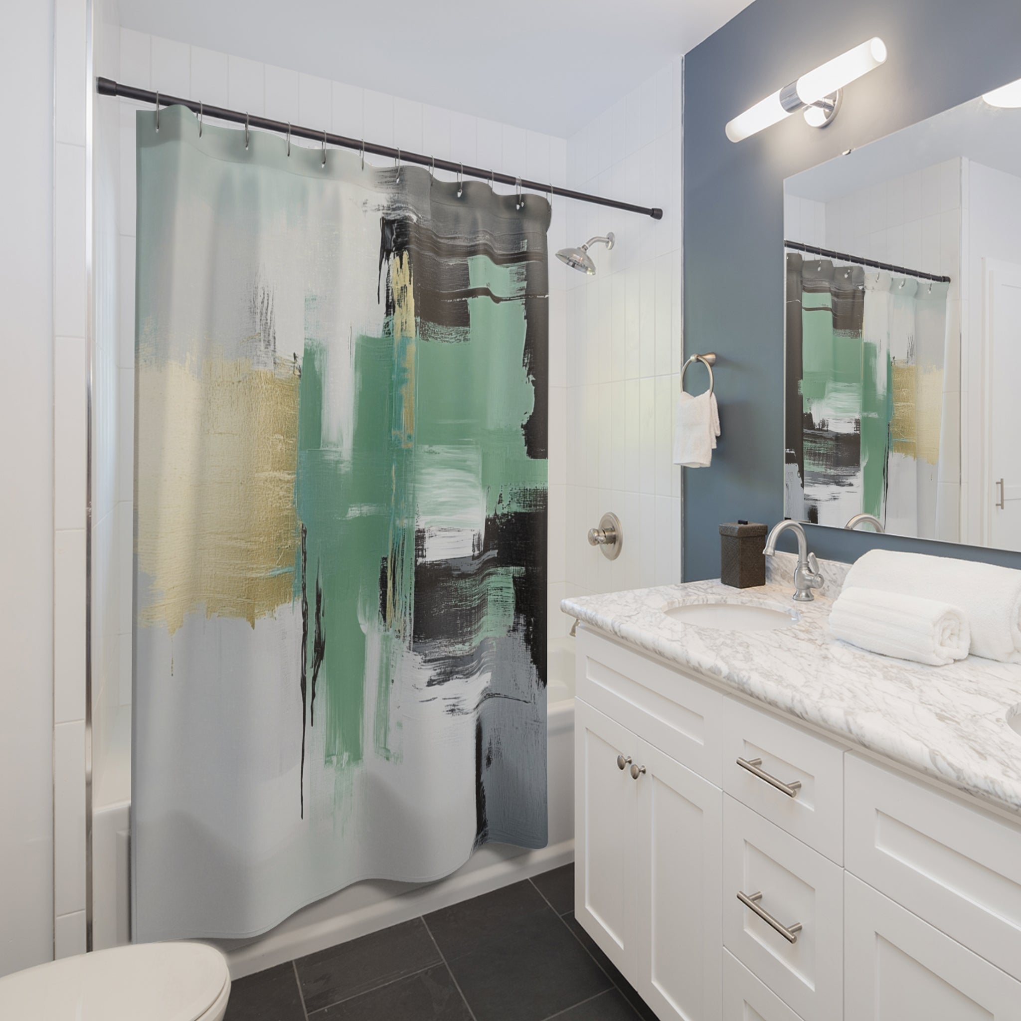 Abstract Watercolor Shower Curtain | Modern Green Grey Bathroom Decor