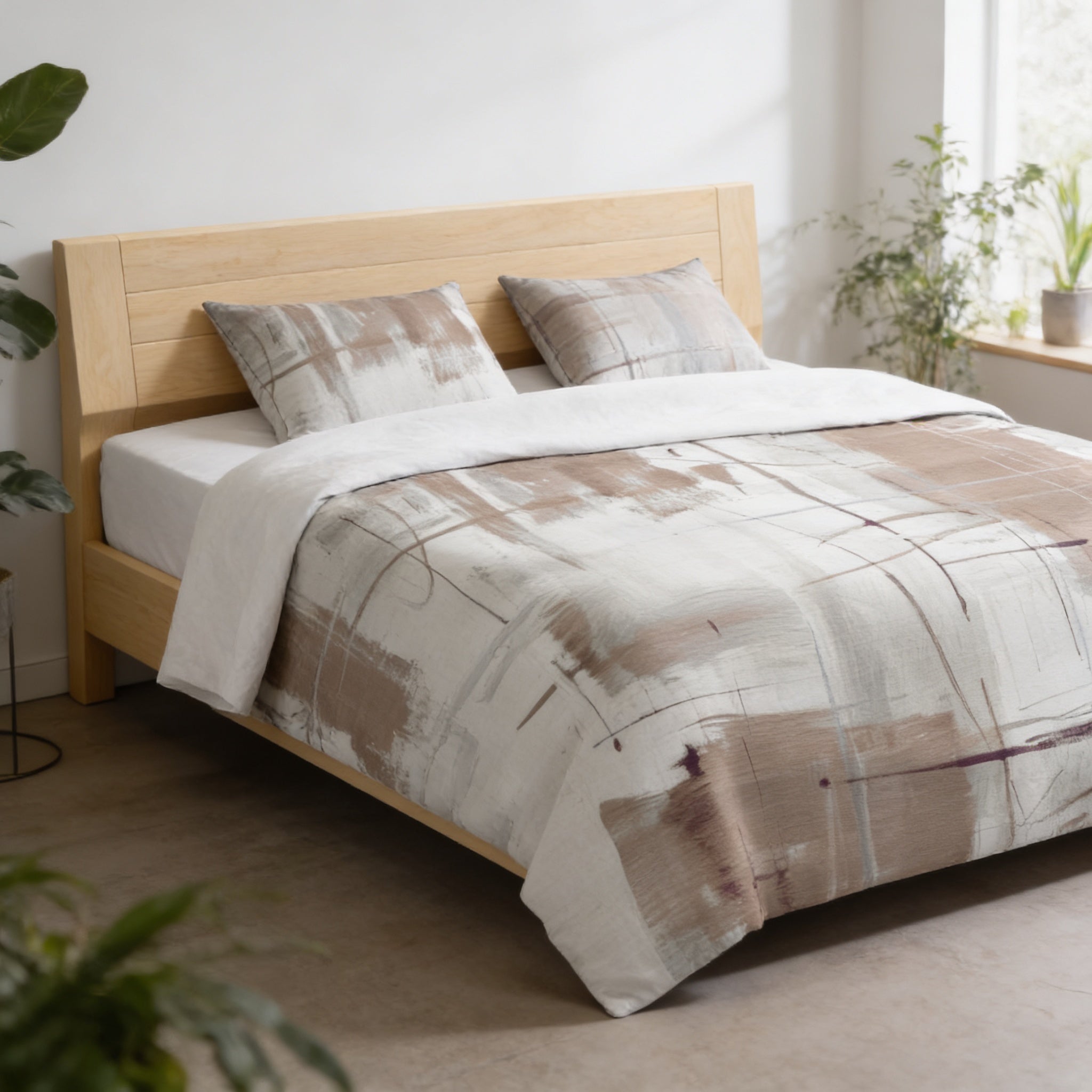 a modern bedroom with a wooden bed frame and a neutral-colored bedding set. The bed is positioned against a white wall, and there are two potted plants in the room, one on the left side and one on the right side.