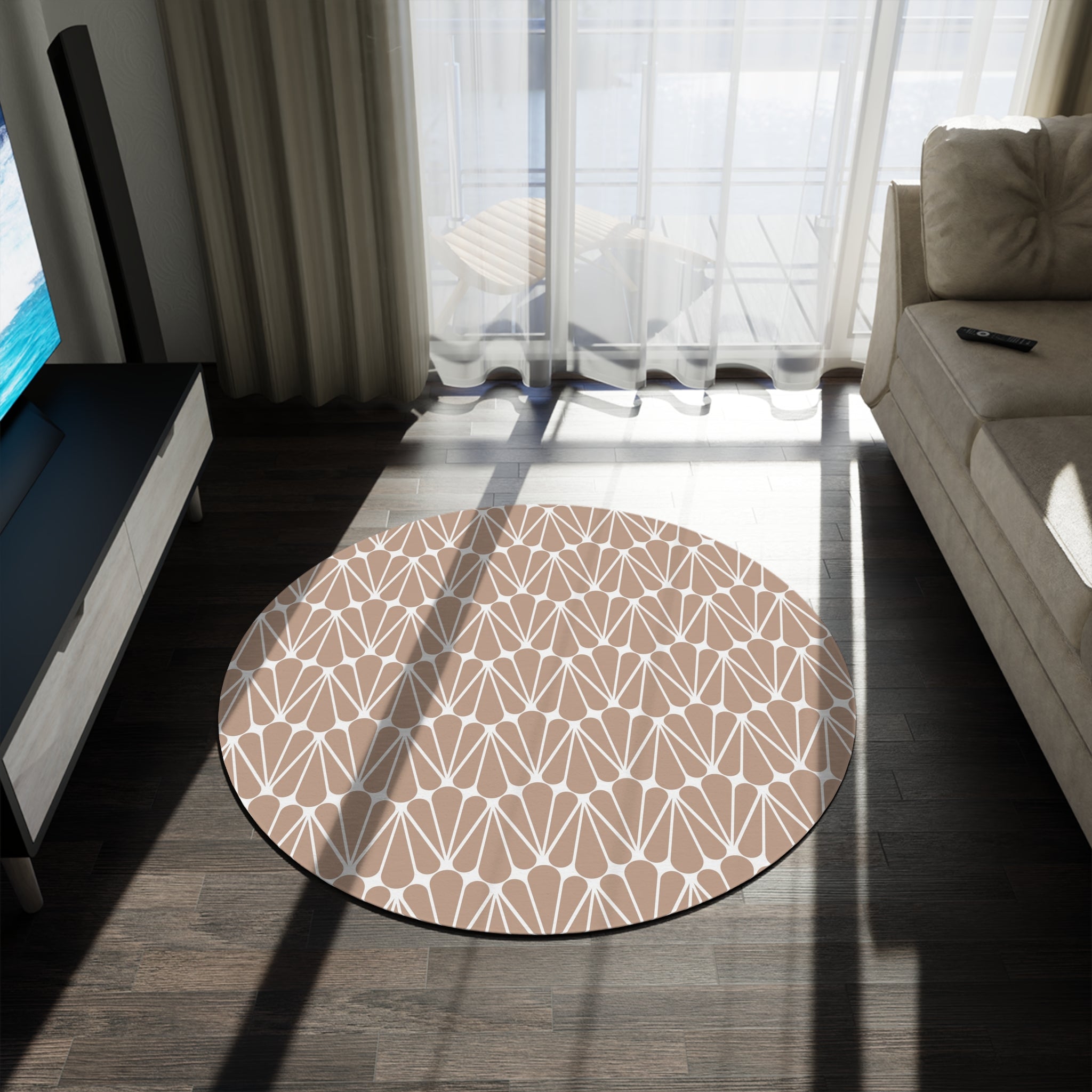 Round Area Rug | Beige White Geometric