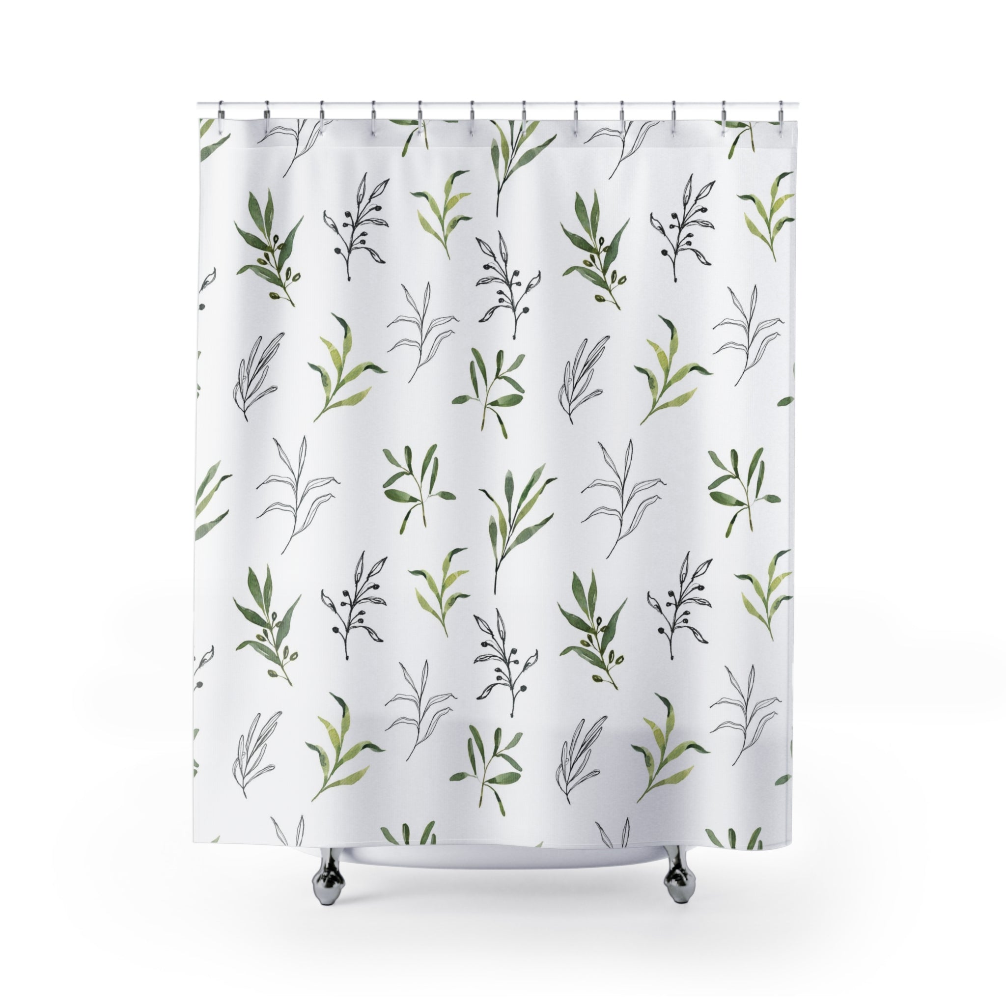 Boho Shower Curtain | Green White Black Line Art Leaves