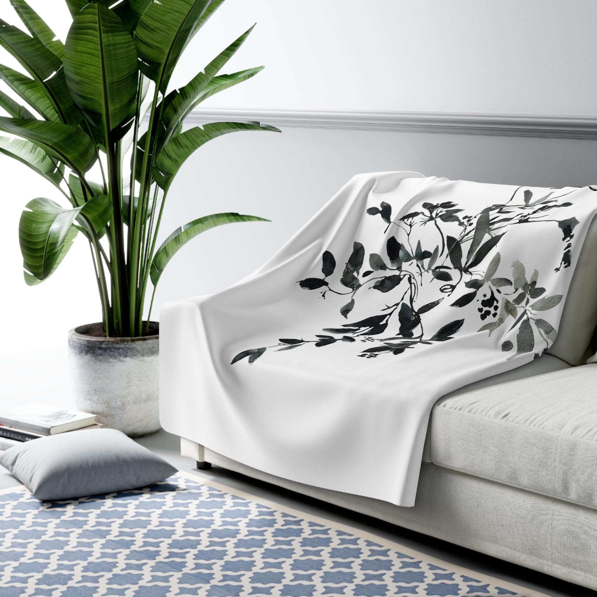 Black and White Floral Throw Blanket | Wildflowers Leaves, Watercolor