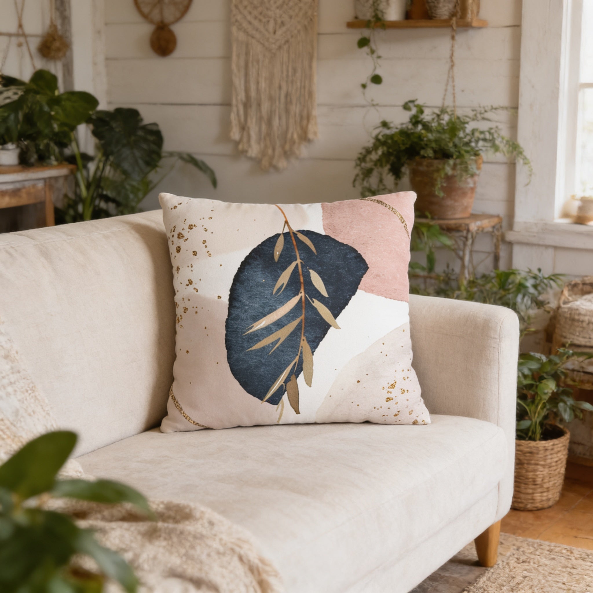 a living room with a beige sofa and a decorative throw pillow with a leaf design. The room is decorated with various plants and other home decor items, creating a cozy and inviting atmosphere.