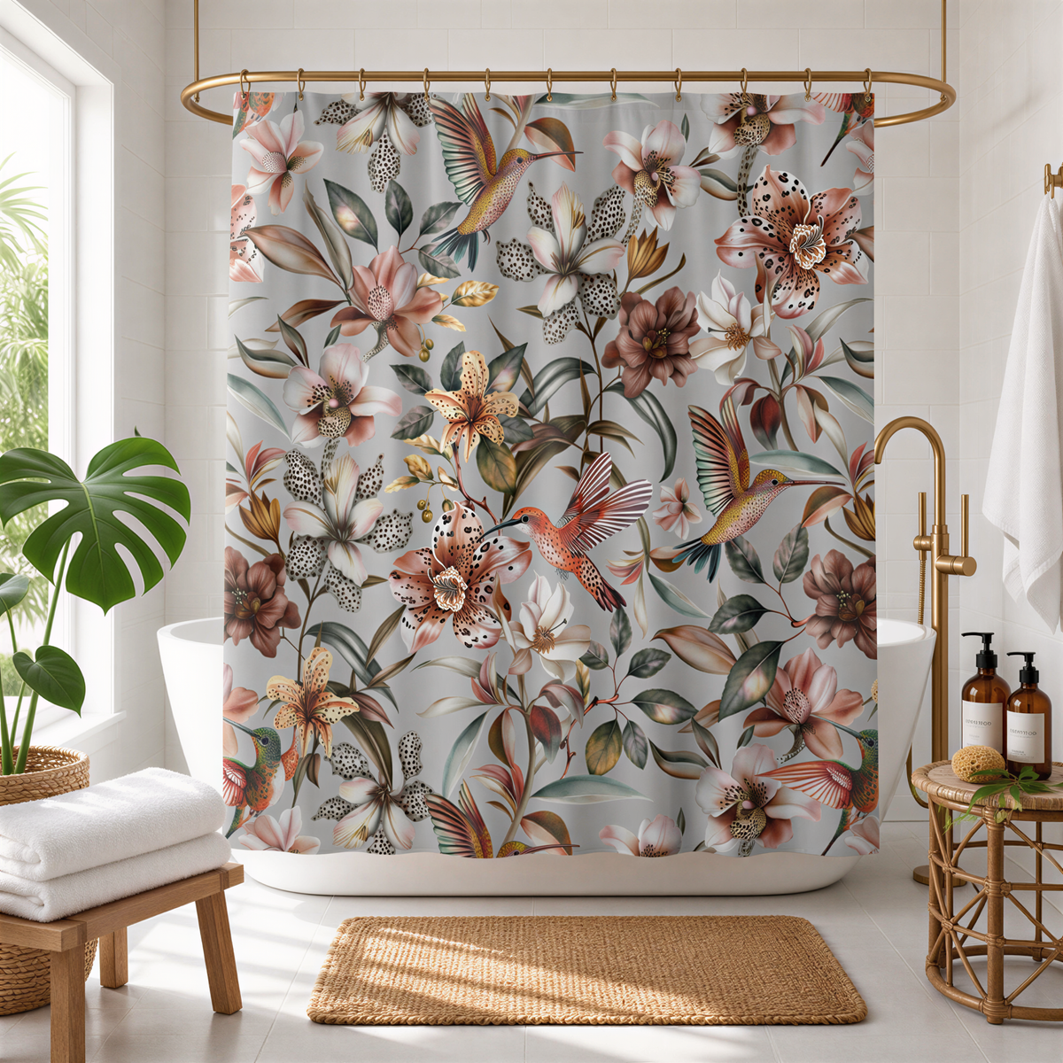 a bathroom with a shower curtain adorned with a floral pattern. The shower curtain is hanging from a rod, and there are several bottles placed on a small table nearby. The room also includes a potted plant, a wooden stool, and a woven basket, creating a cozy and inviting atmosphere.