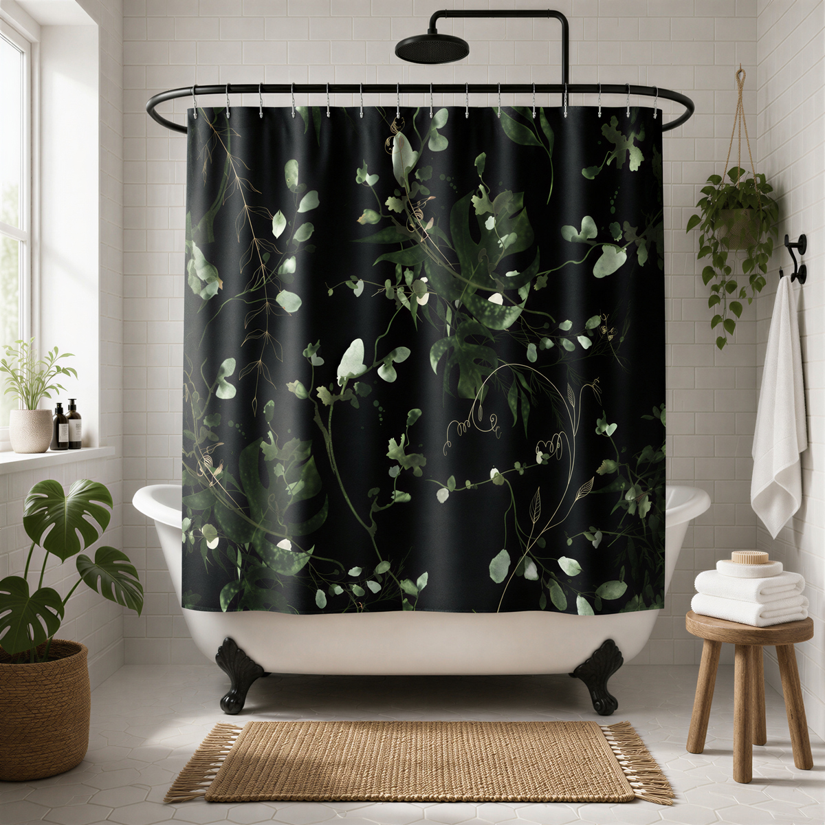 a bathroom with a black shower curtain featuring a green leaf pattern, a white bathtub, a wooden stool, and various potted plants.