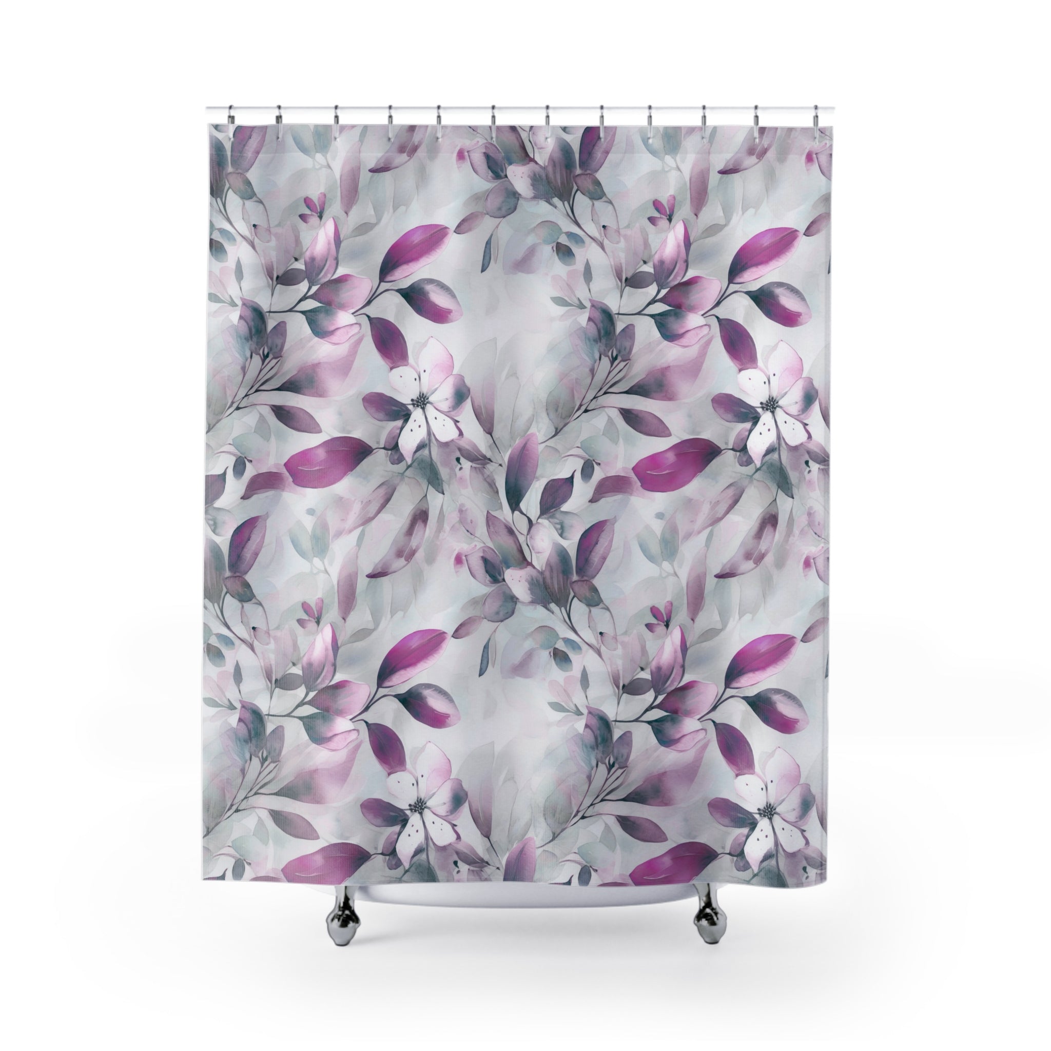 Boho Floral Shower Curtain | Pink Grey Leaves Bathroom