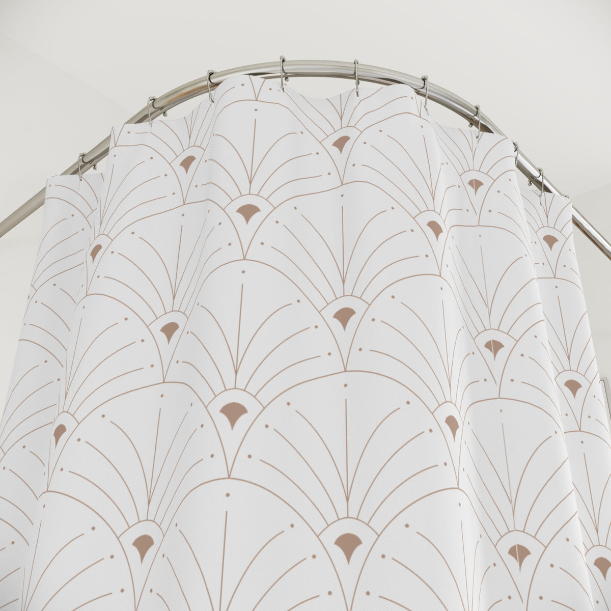 a shower curtain with a repeating pattern of white and brown lines, resembling a fan or a decorative design.