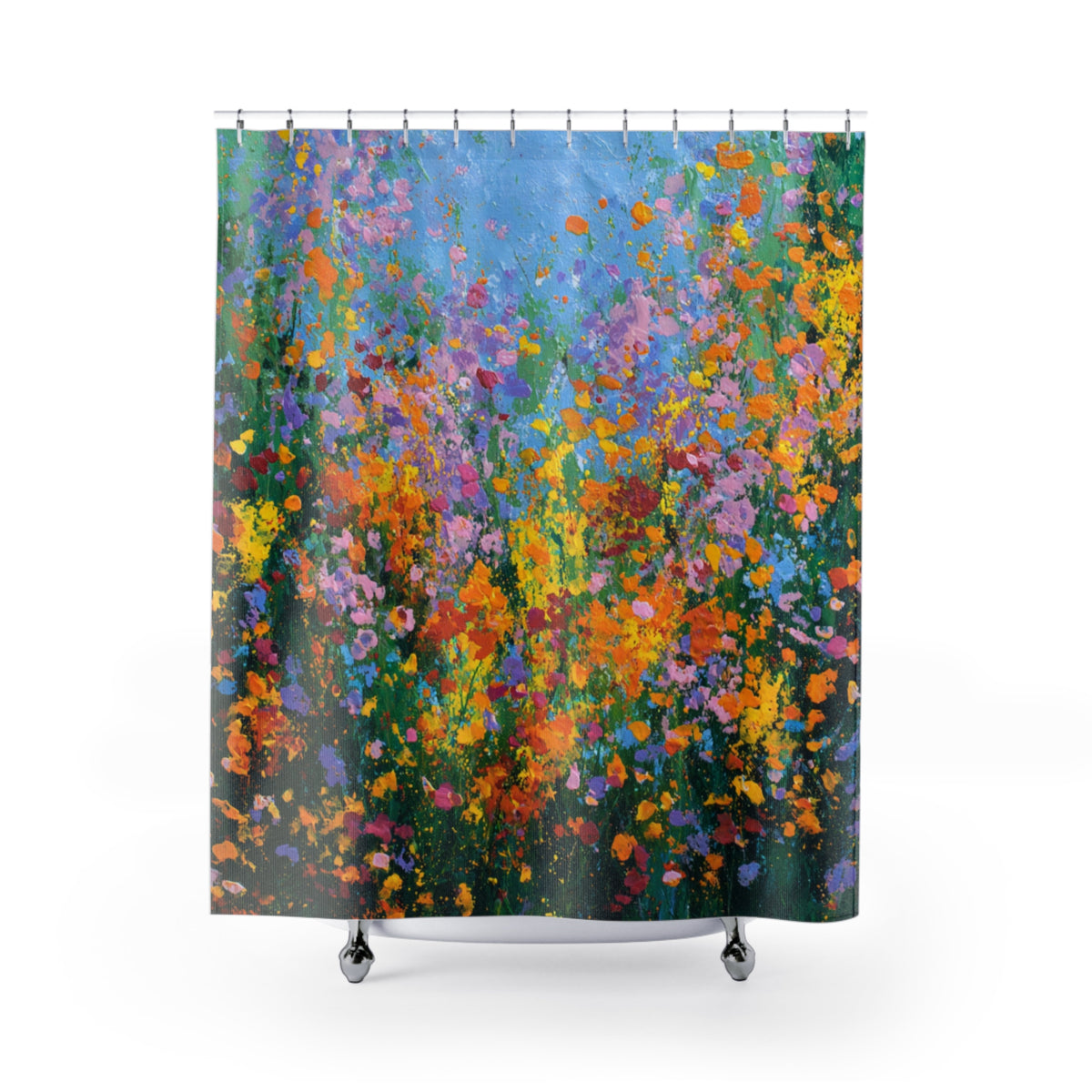 a vibrant and colorful painting of flowers, with a variety of colors including orange, yellow, pink, and green. The painting is displayed on a shower curtain, which is hanging from a rod.
