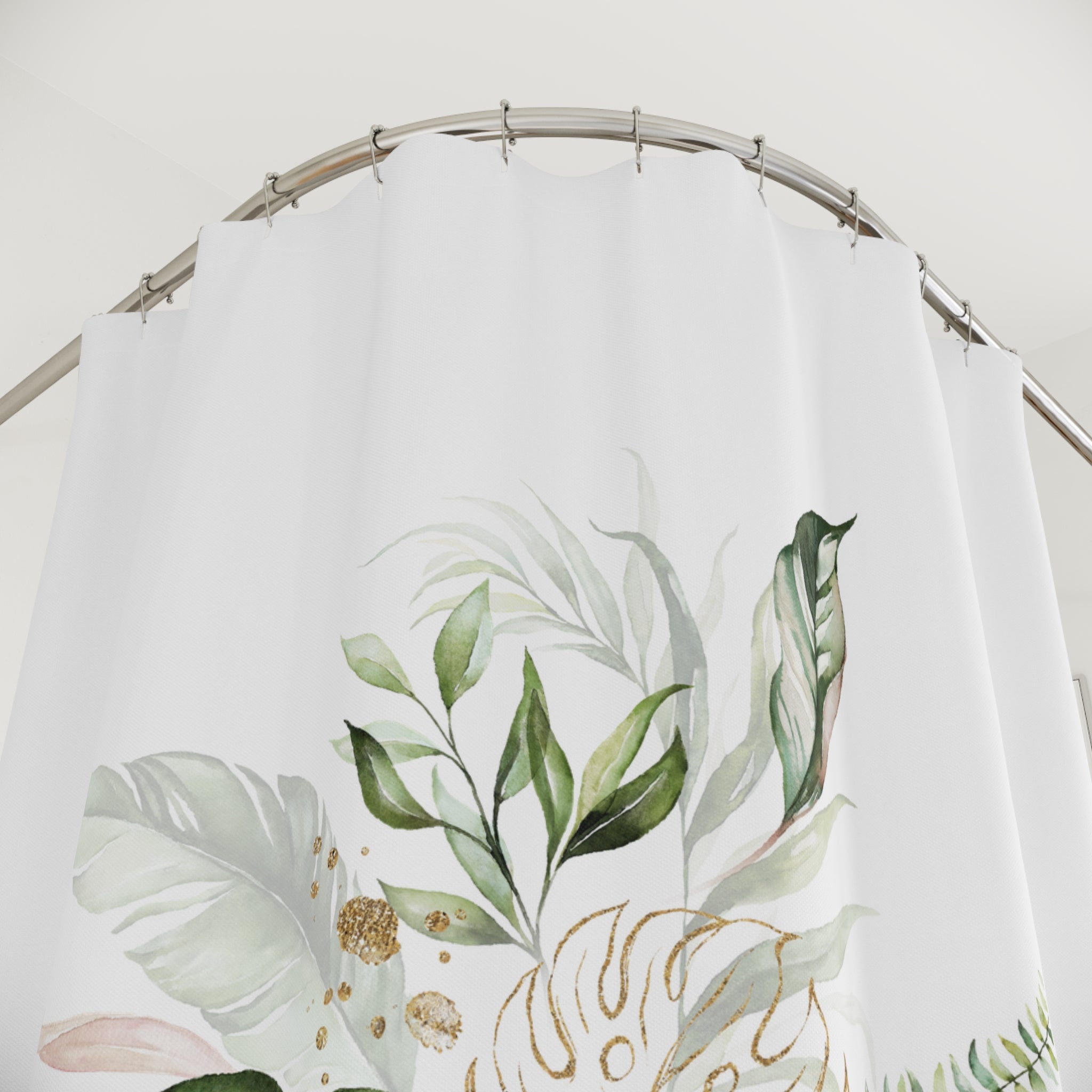Boho Shower Curtain | White Green Monstera Tropical Leaves