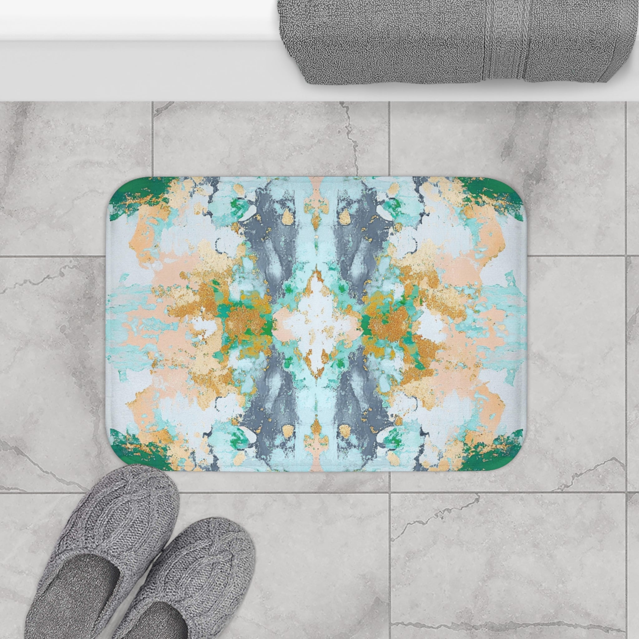 Abstract Bath Mat | Kitchen Mat, Aesthetic Mirrored Art, Blue, Blush, Green