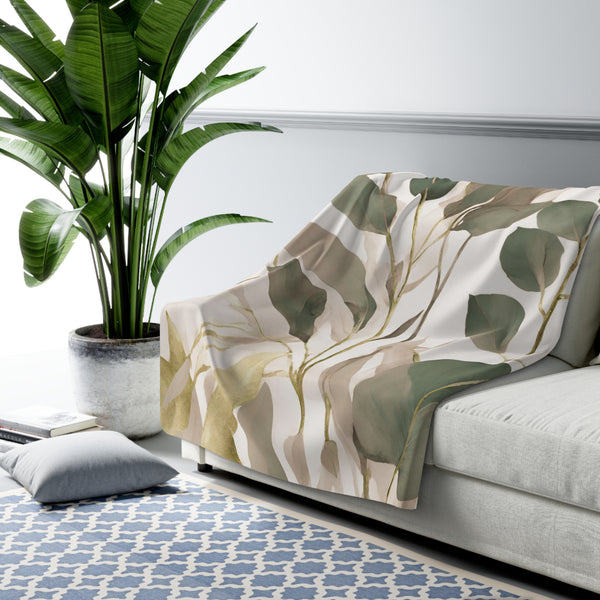 Comfy Blanket | Floral Beige, Sage Green Leaves