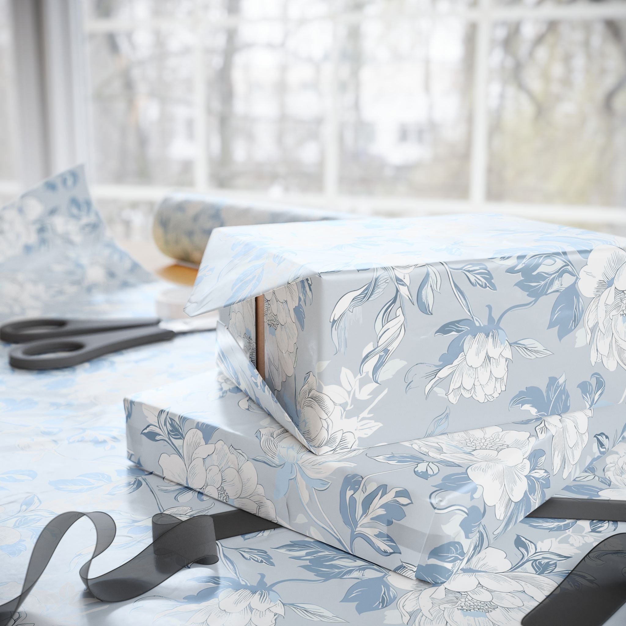 Floral Wrapping Papers, Light Blue Botanical Gift Wrapping for the Holidays, Birthdays