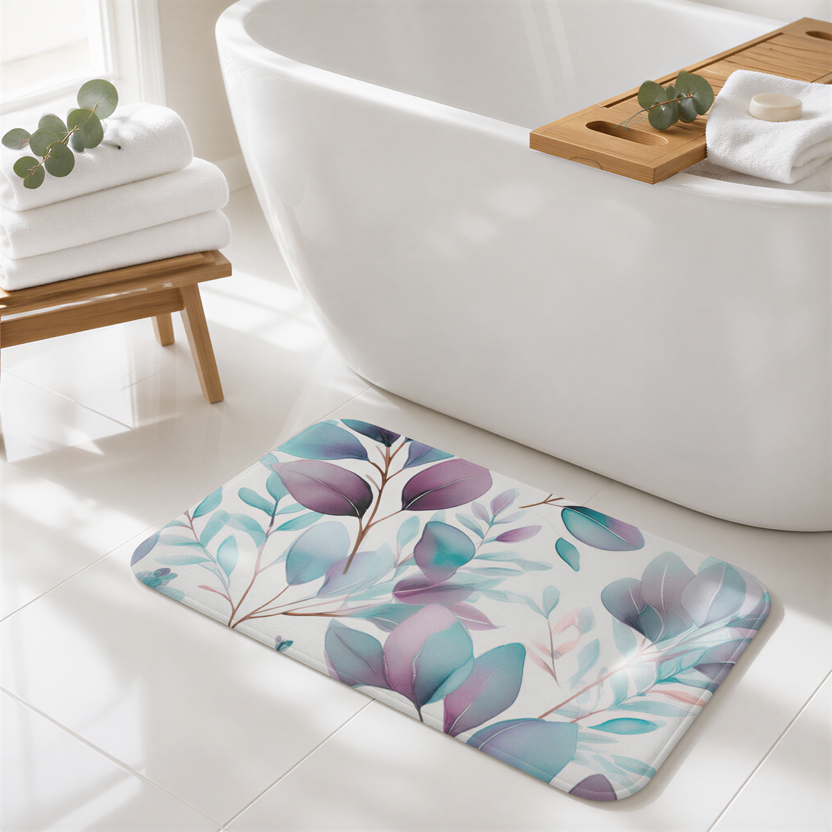 a bathroom with a white bathtub, a wooden tray, and a decorative mat with a leafy plant design.