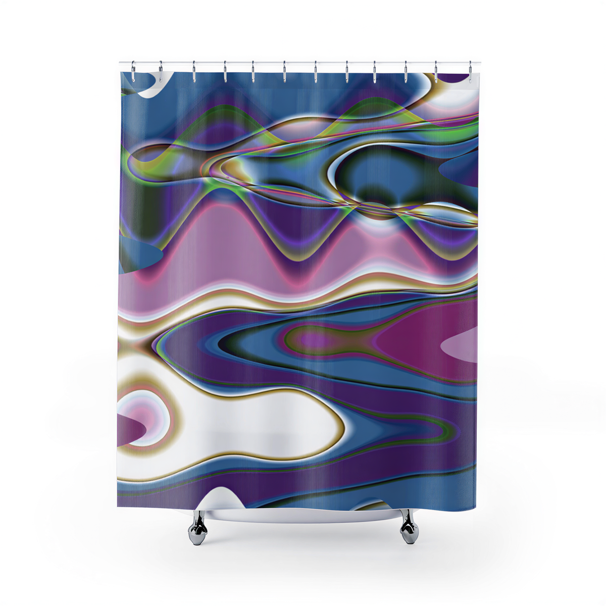 Abstract Shower Curtain Blue Purple Green hanging in a bathroom