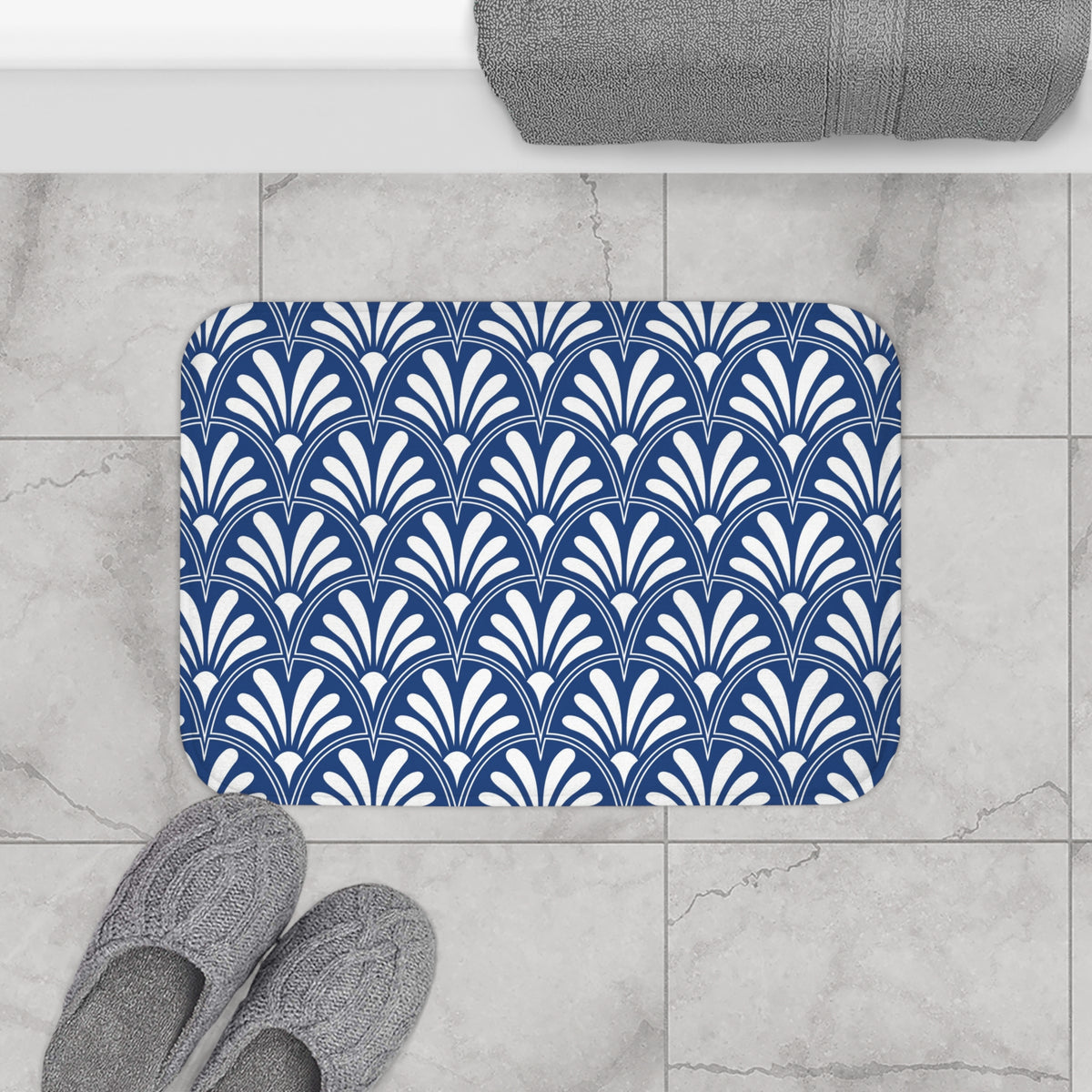Cobalt Blue Deco Fan Bath Mat, Art Nouveau Bathroom Rug