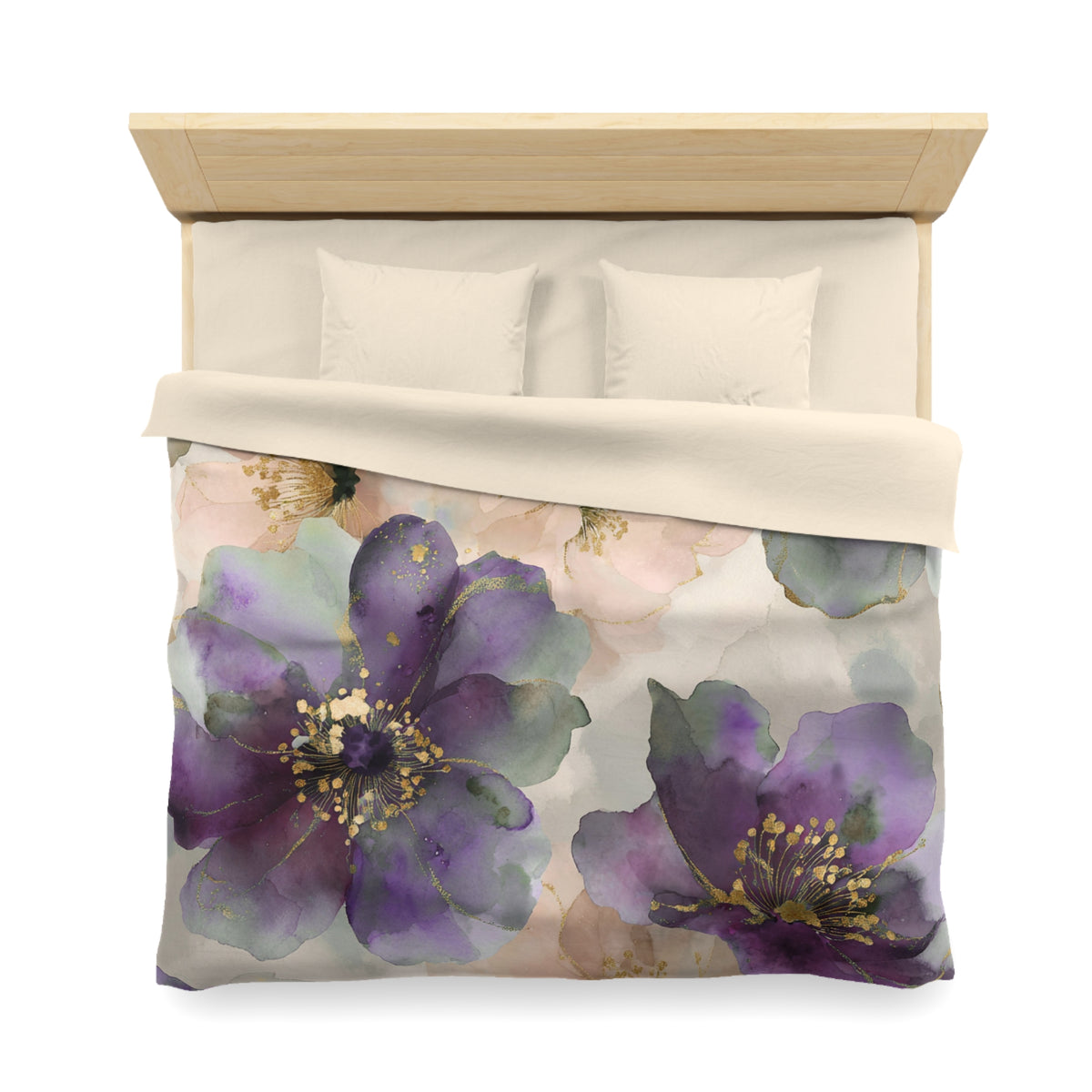 a bed with a floral print duvet cover featuring purple and green flowers. The duvet cover is spread out on the bed, and there are two pillows on the bed.