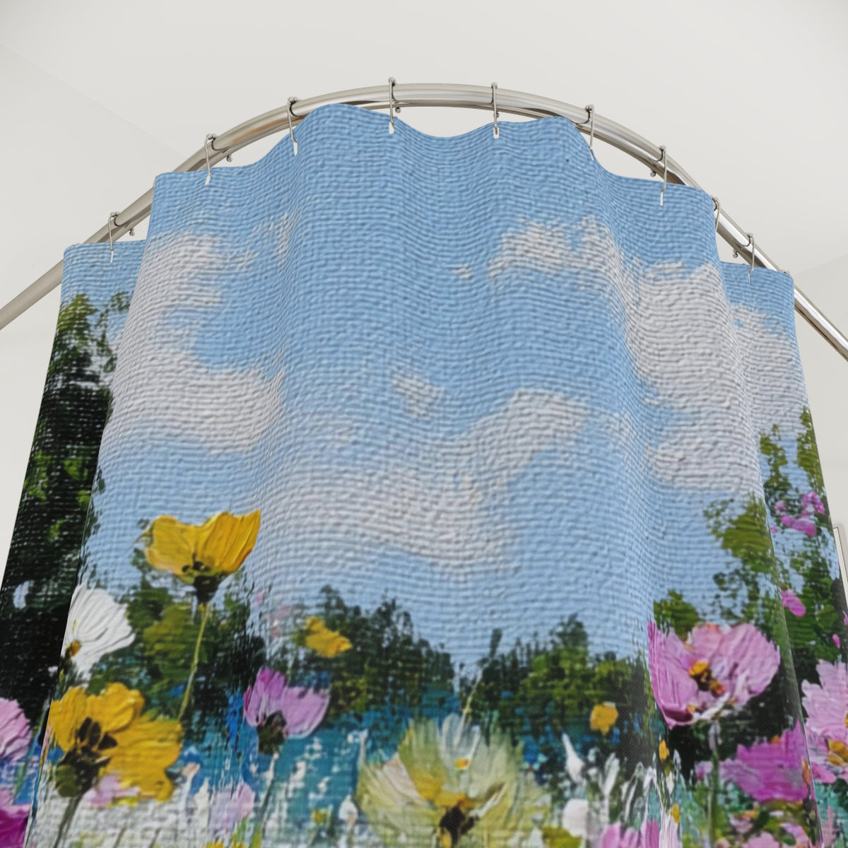a vibrant floral pattern with a blue sky and fluffy clouds as the backdrop.