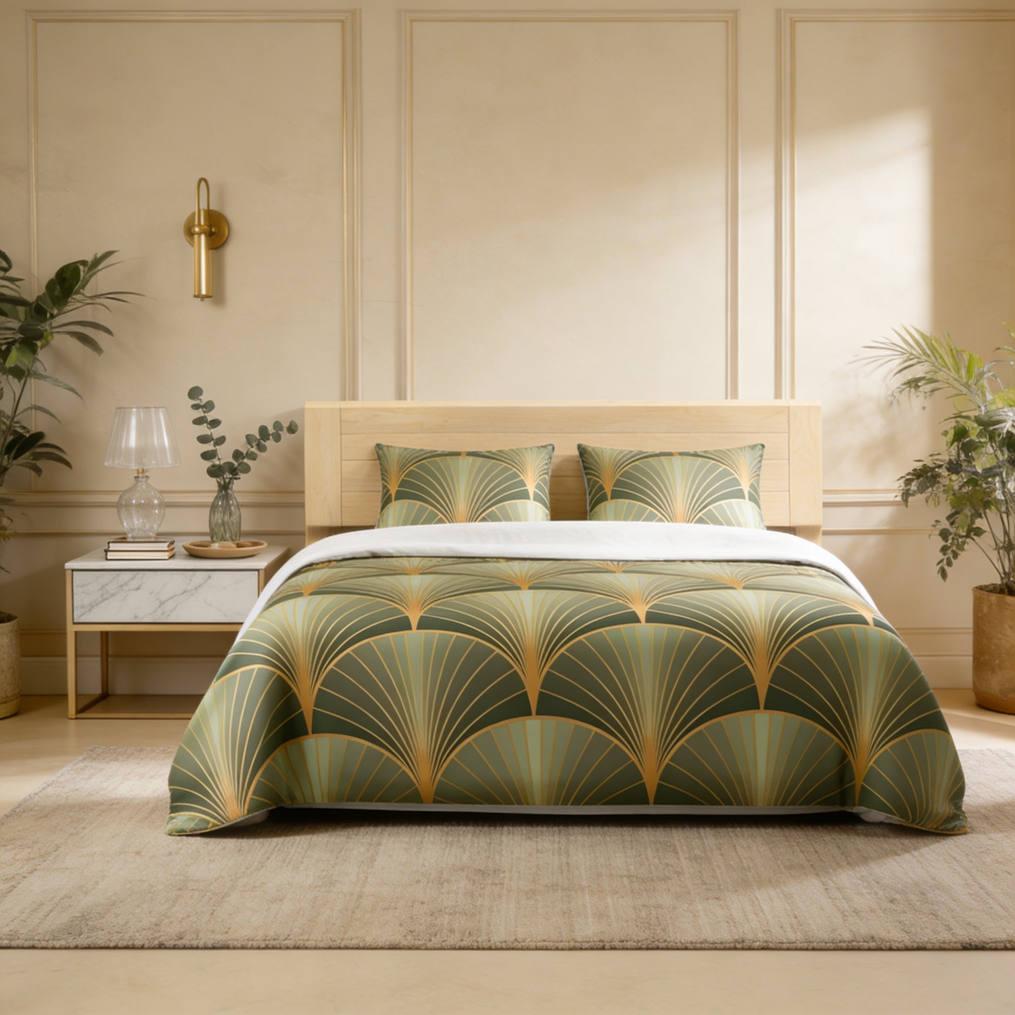 a bedroom with a large bed, a nightstand, and a lamp. The bed has a green and gold patterned comforter and pillows. The room is decorated with plants and has a neutral color scheme.
