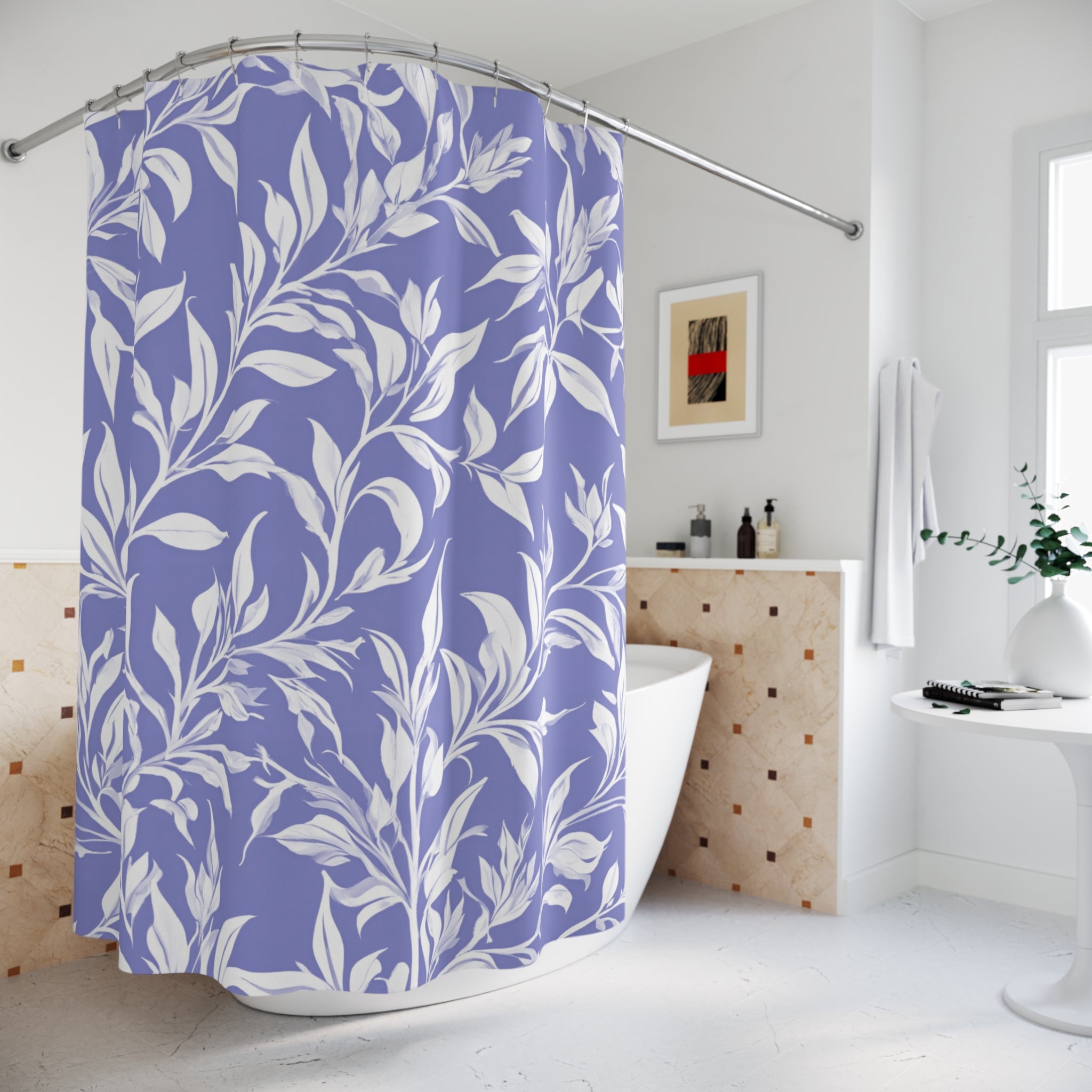 Boho Shower Curtain | Lavender Blue White, Leaves