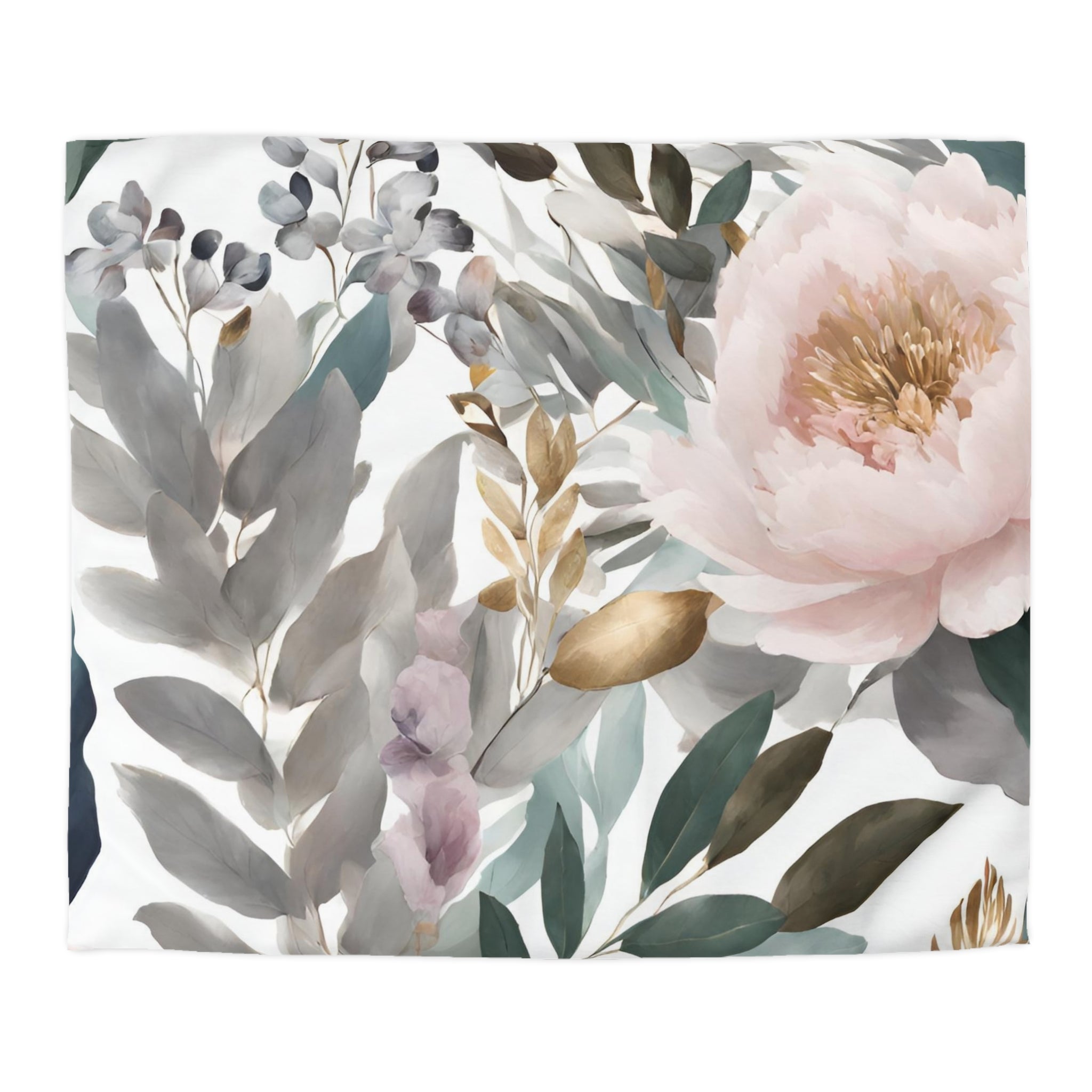 a floral pattern with a large pink flower in the center, surrounded by various shades of green leaves and gray flowers.