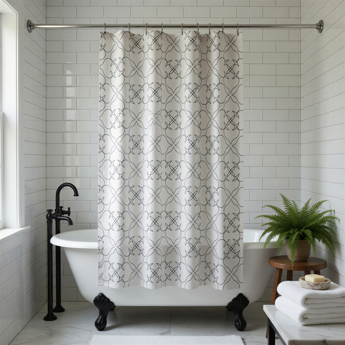 A modern bathroom with a claw-foot bathtub, a black faucet, and a white tiled wall. A shower curtain with a black and white pattern hangs above the bathtub. A potted plant is placed on a small table next to the bathtub, and a stack of white towels is visible on the floor.