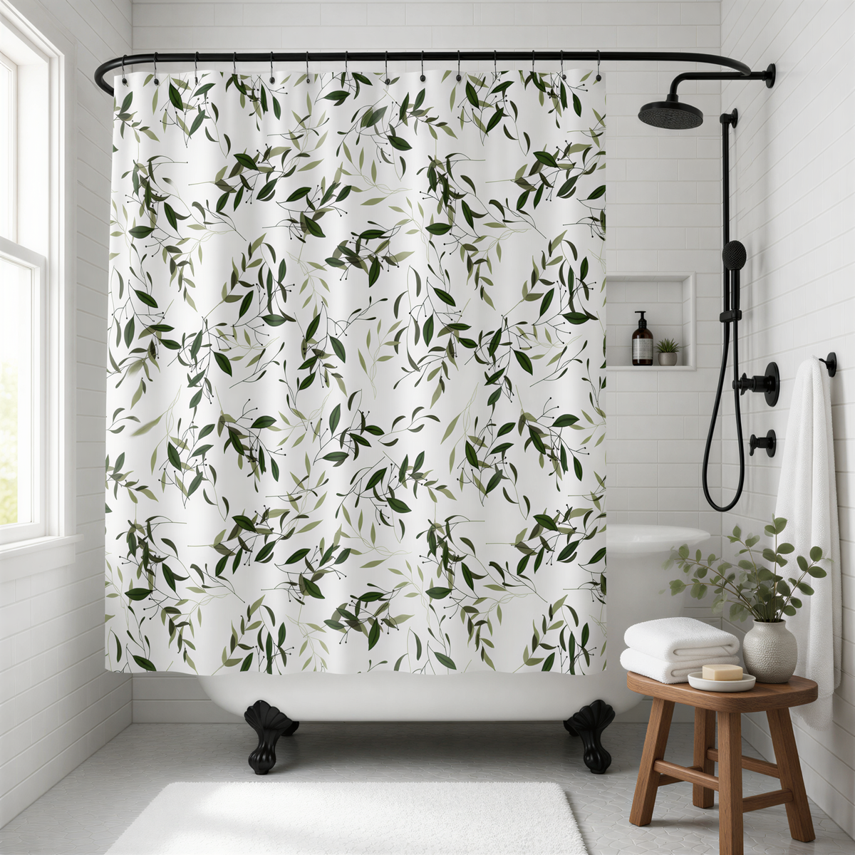 a bathroom with a white bathtub, a shower curtain with a leaf pattern, and a wooden stool.