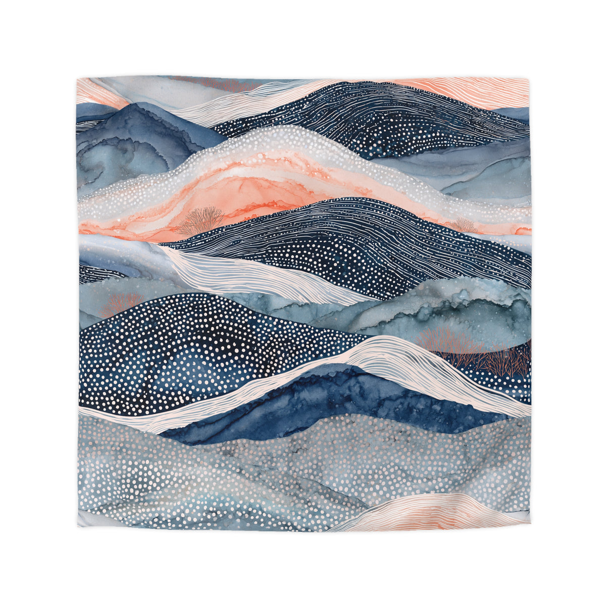 The image is a vibrant and abstract watercolor painting depicting a mountainous landscape with a mix of blue, orange, and white hues. The painting features a variety of textures and patterns, creating a visually striking and dynamic scene.