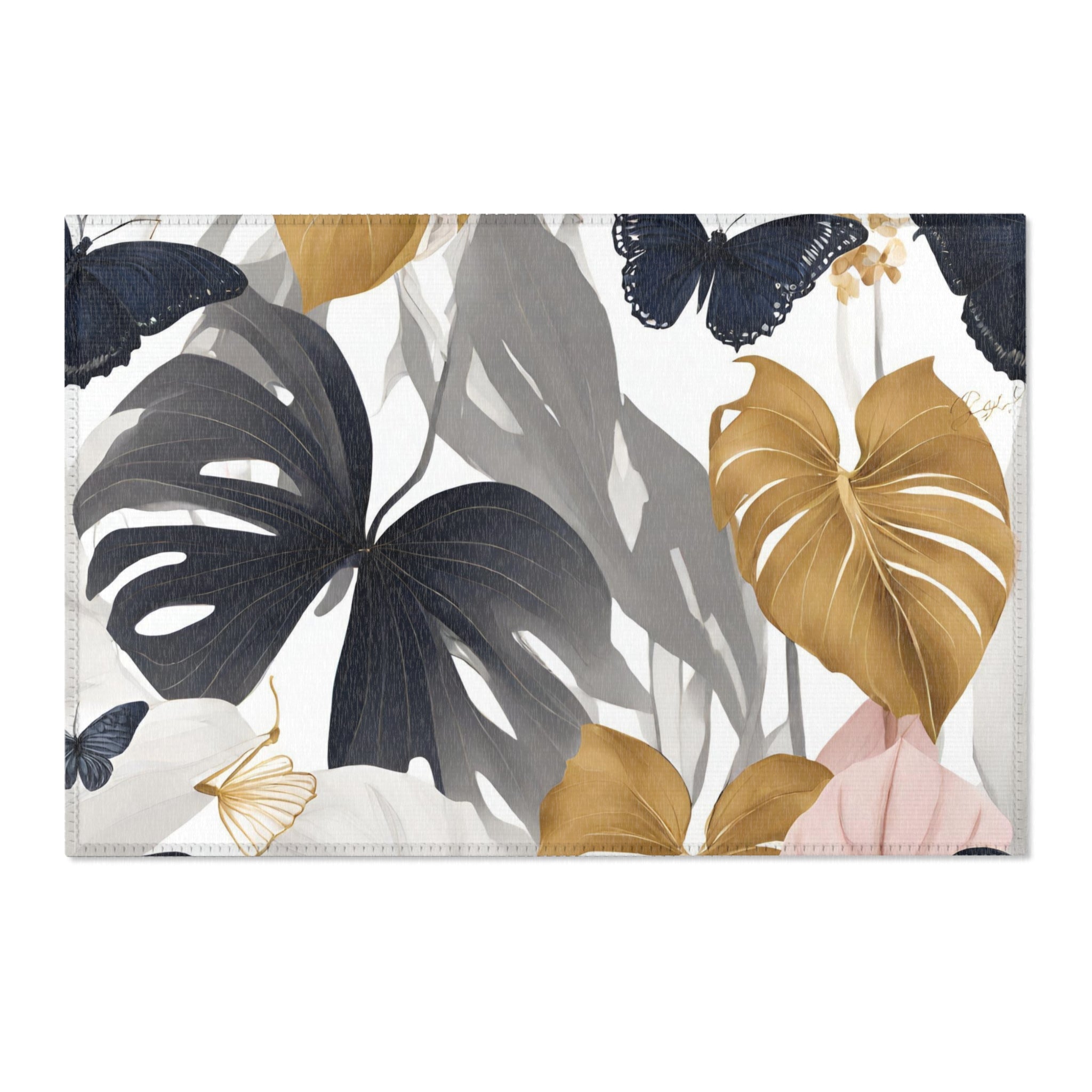 Floral Area Rug | Modern Grey, Navy Muted Gold, Pink Jungle Leaves