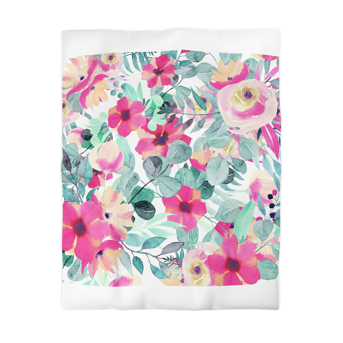 a vibrant and colorful floral pattern with various types of flowers and leaves. The flowers are predominantly pink, yellow, and green, creating a lively and cheerful visual effect. The leaves are also depicted in shades of green, adding to the overall lush and natural appearance of the image.