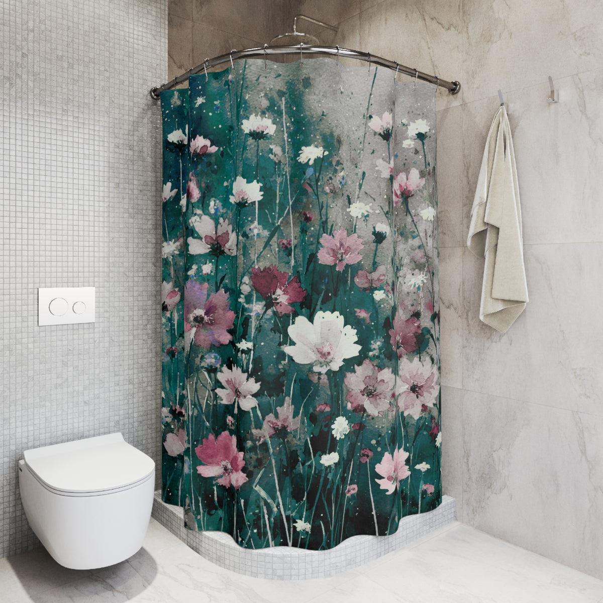 a bathroom with a shower curtain adorned with a floral pattern in shades of green and pink. The shower curtain is hanging from a rod next to a white towel. The bathroom has a white toilet and a white tiled wall.