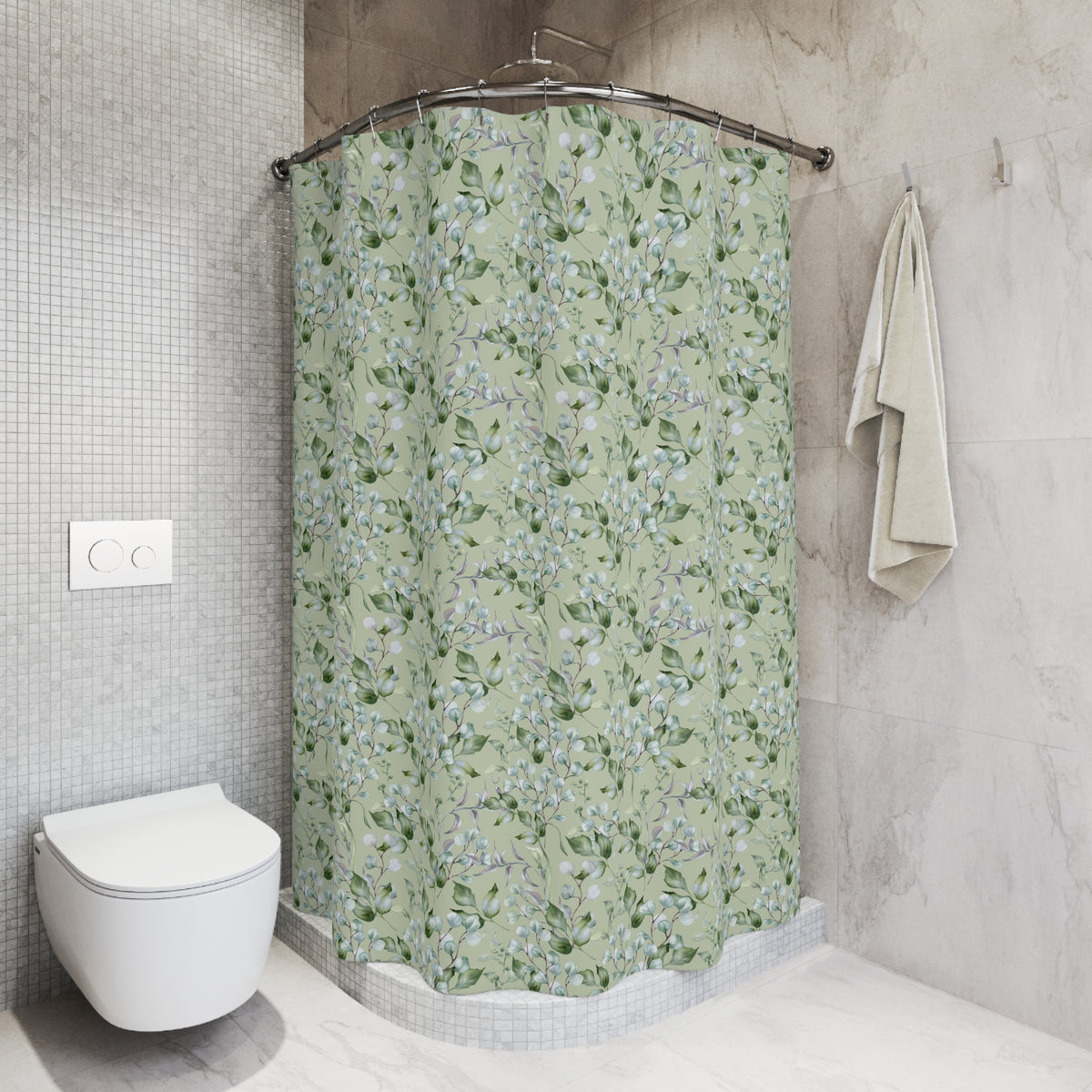 a bathroom with a shower curtain featuring a floral pattern in shades of green and white. The shower area is equipped with a shower head and a towel rack. The bathroom has a white toilet and a tiled wall.