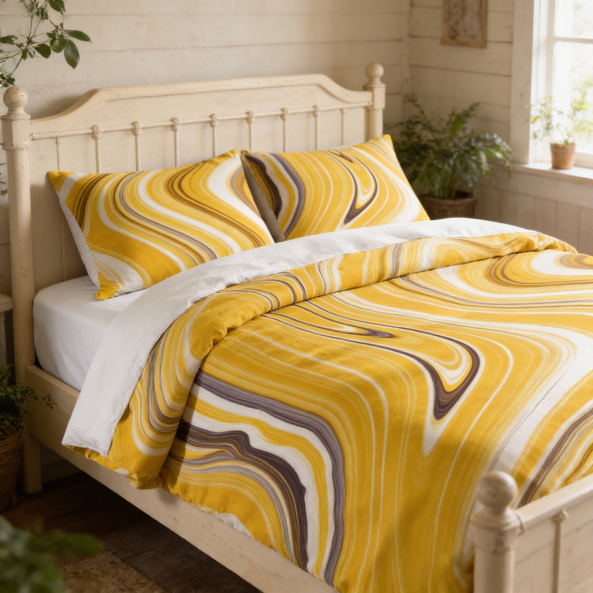 a cozy bedroom with a bed featuring a vibrant yellow and brown striped comforter and matching pillows. The bed is set against a white wall, and there are potted plants and a window nearby, creating a warm and inviting atmosphere.