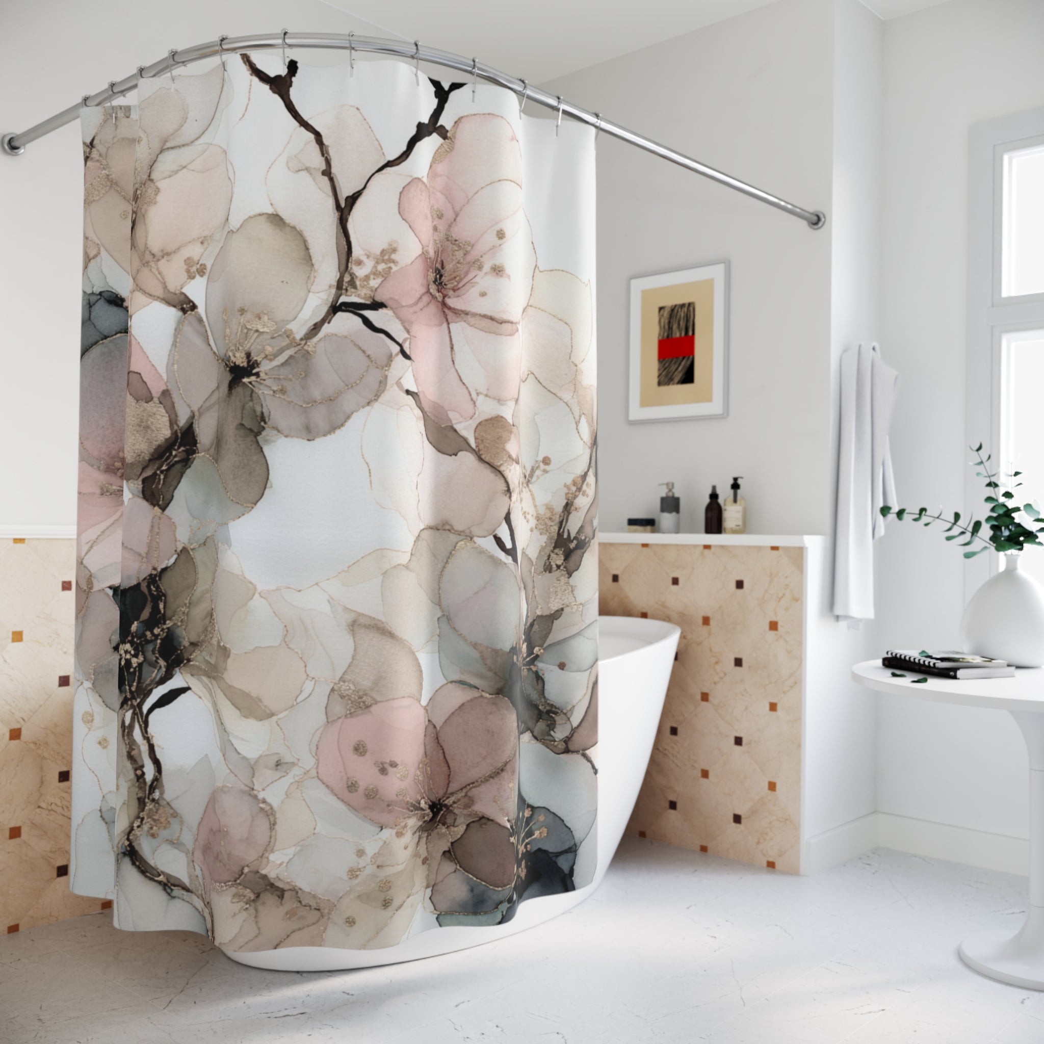 Abstract Shower Curtain | Floral Watercolor Blush Beige, Grey