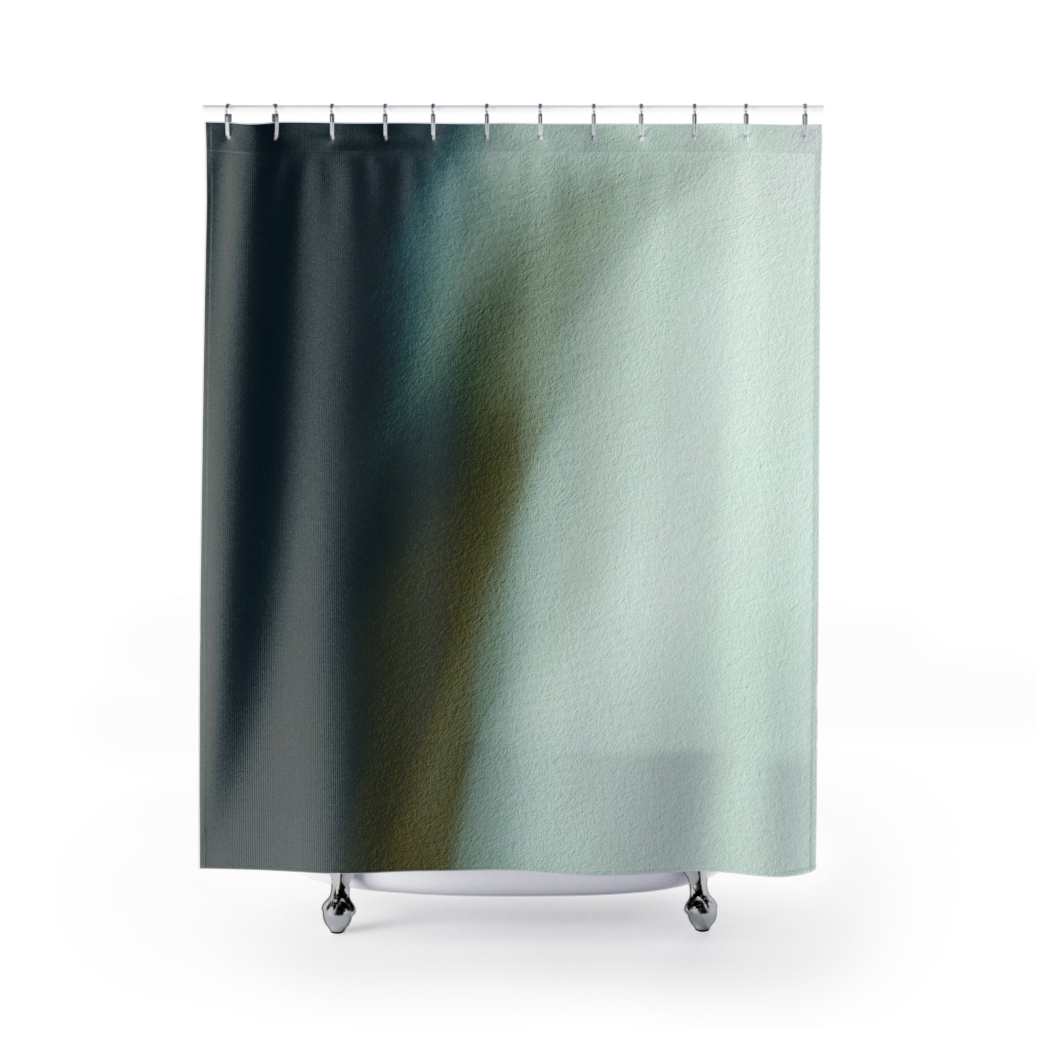 a shower curtain with a gradient design, transitioning from dark to light colors.