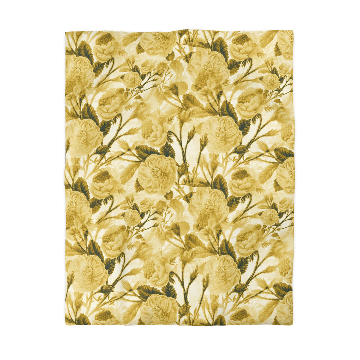 a repeating pattern of yellow flowers with green leaves, creating a visually appealing and harmonious design.