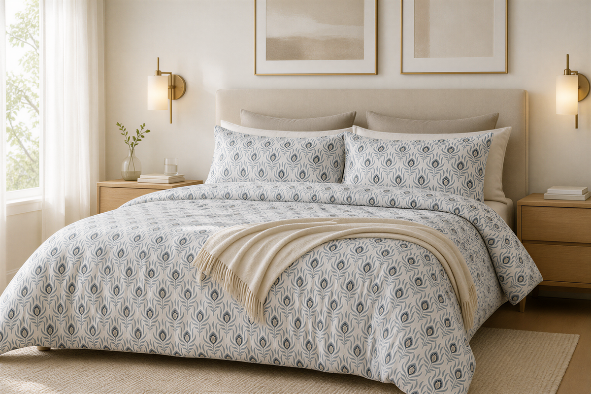 a well-furnished bedroom with a large bed, a nightstand, and framed pictures on the wall.